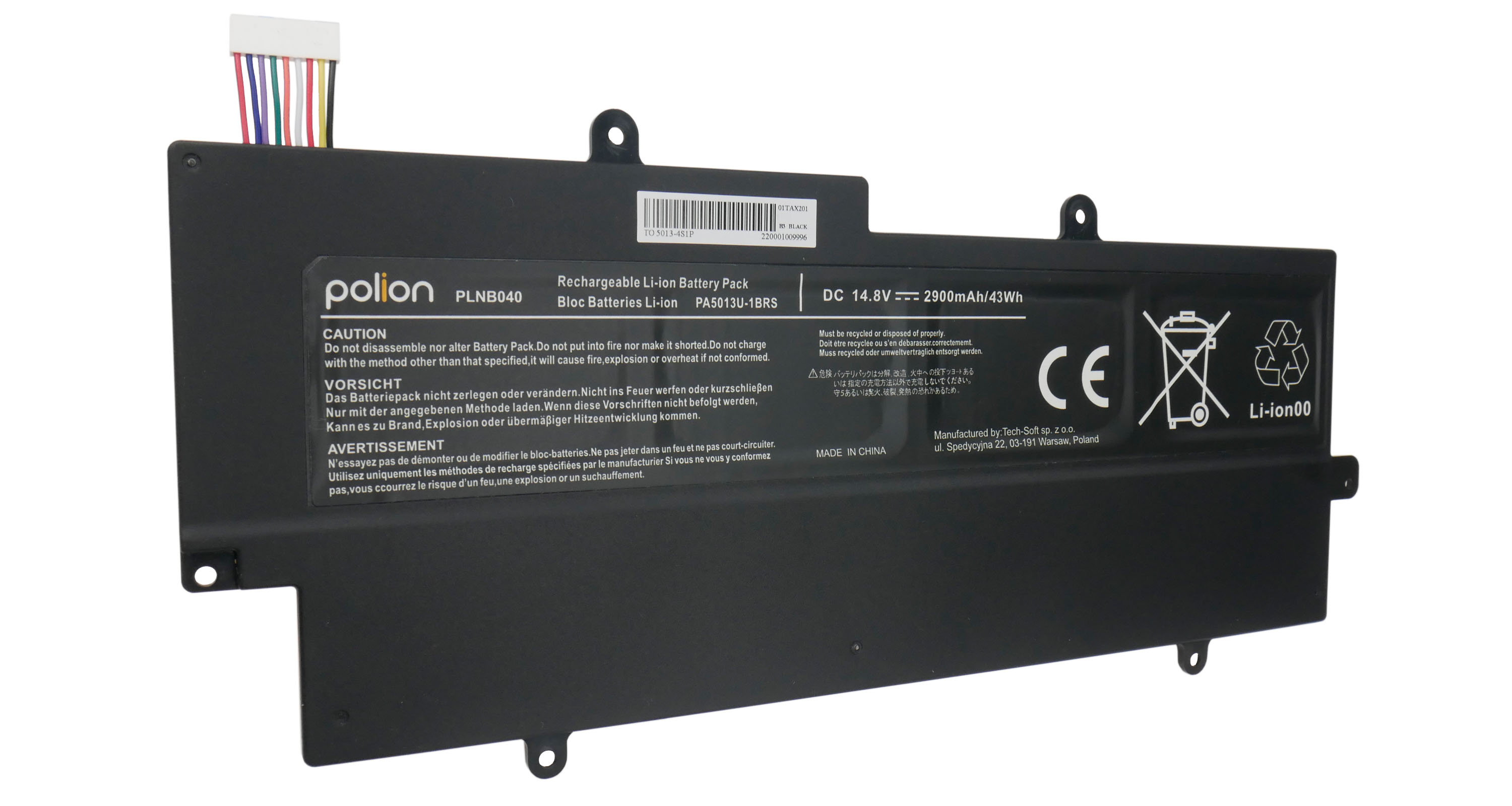 Czarny akumulator Li-ion z kablami, 14.8V DC, 2900mAh, znak CE.