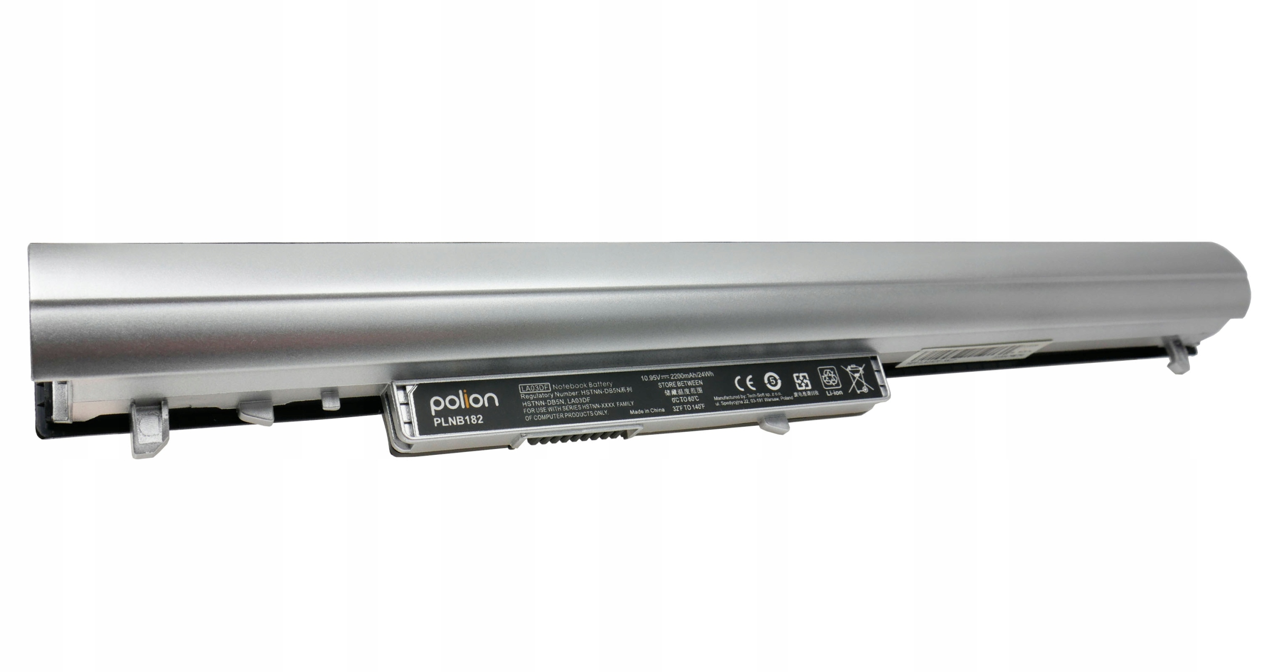 Srebrna bateria do laptopa z czarnymi oznaczeniami i złączami.