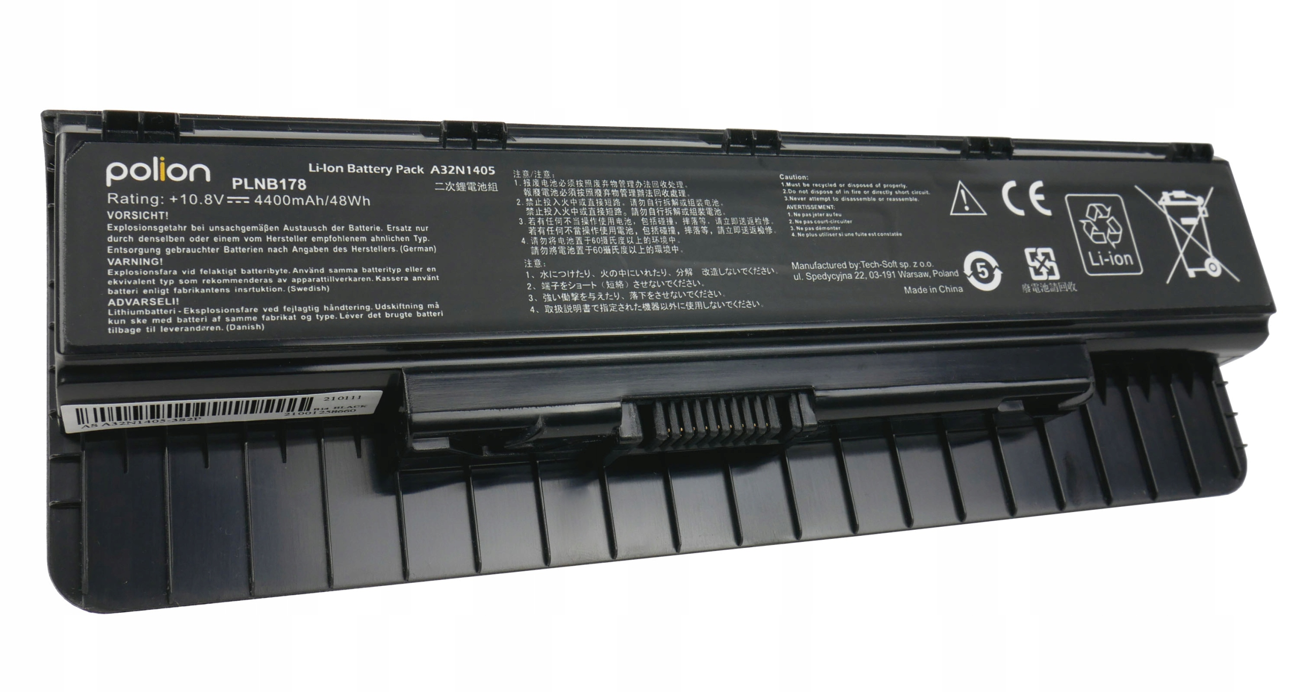 Czarny akumulator Li-Ion z etykietami i ostrzeżeniami. Symbole CE i recyklingu.