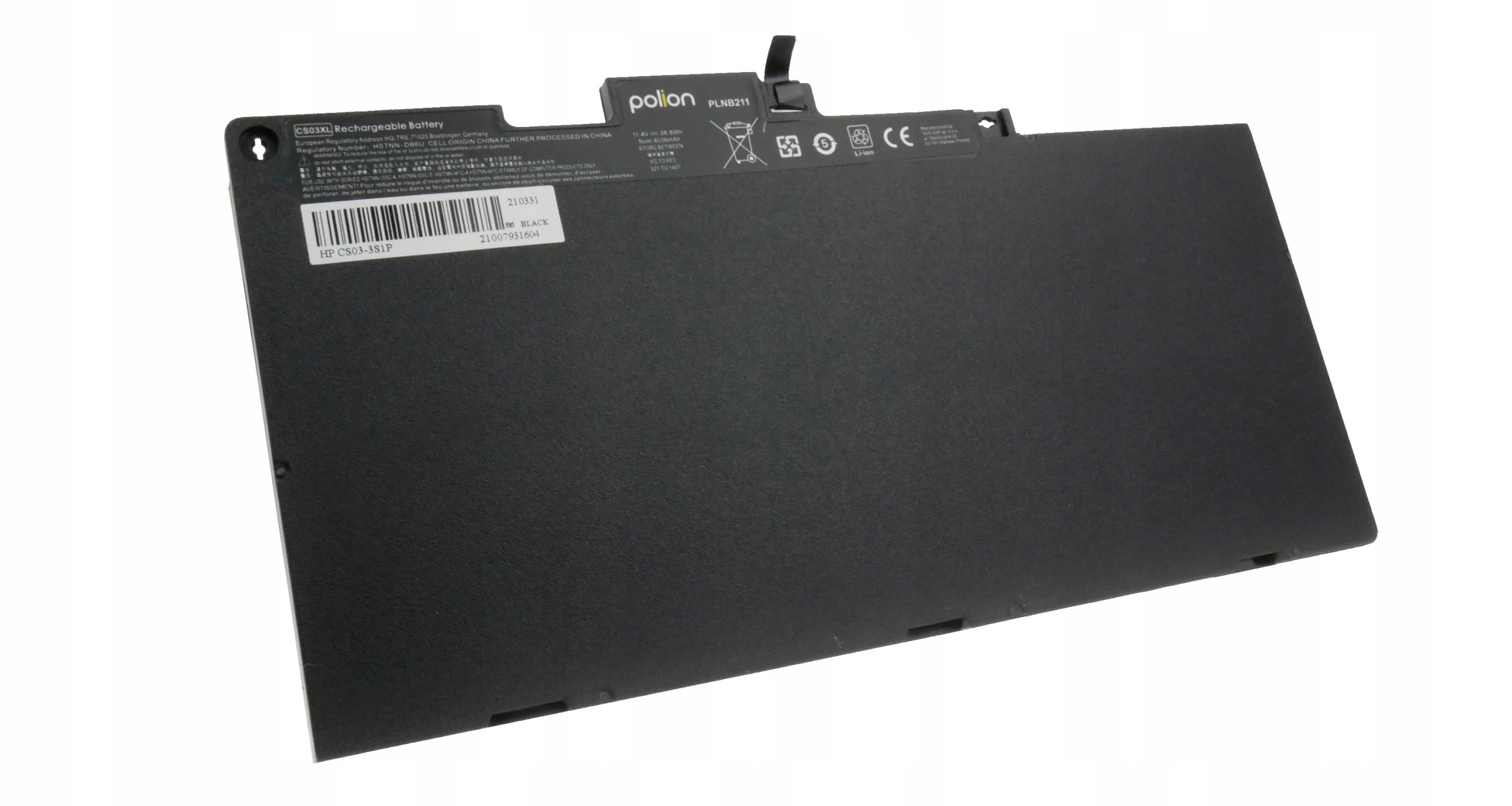 Czarna bateria do laptopa z widocznymi etykietami i złączami.