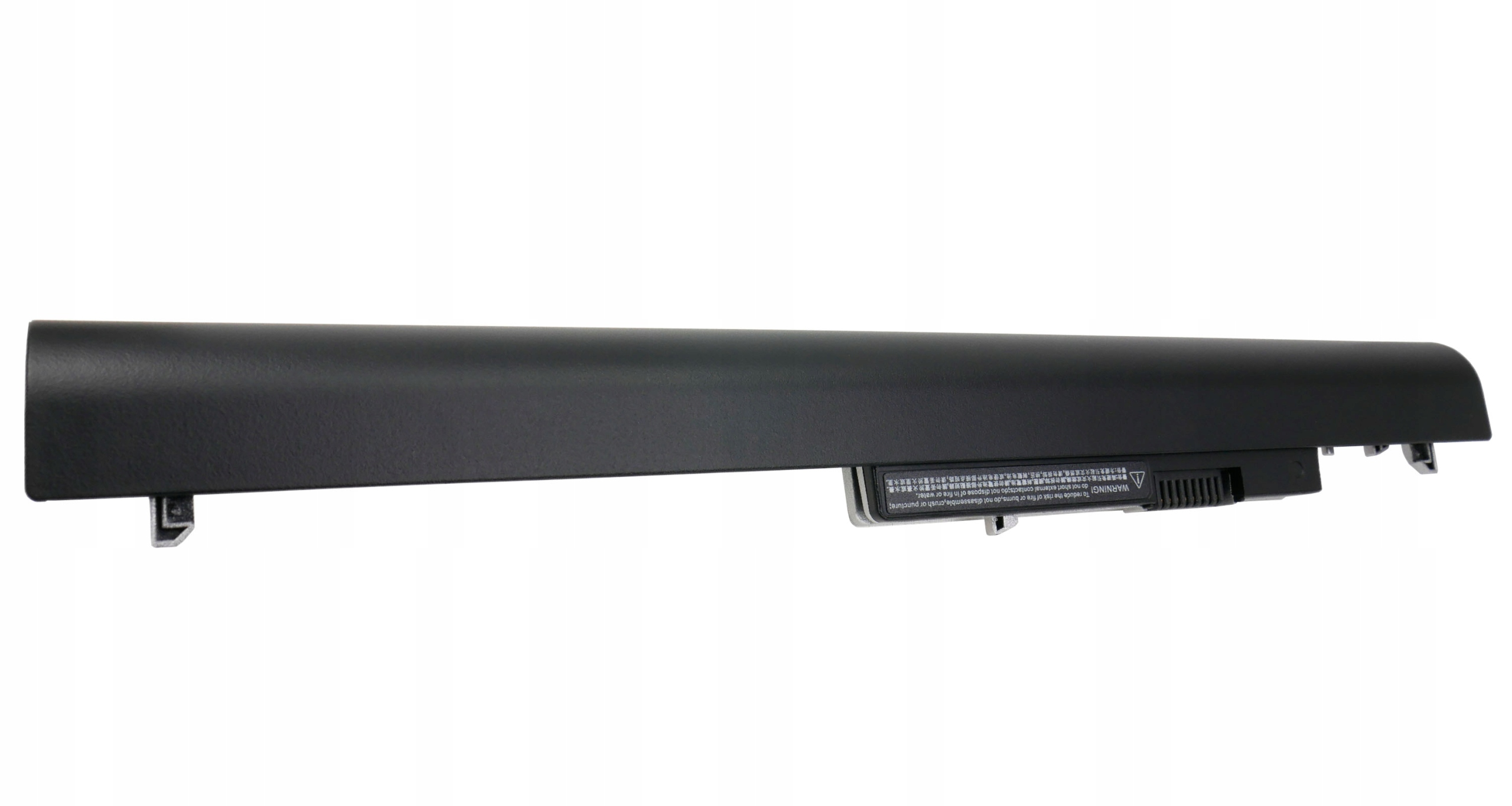 Czarny akumulator do laptopa z etykietą ostrzegawczą.