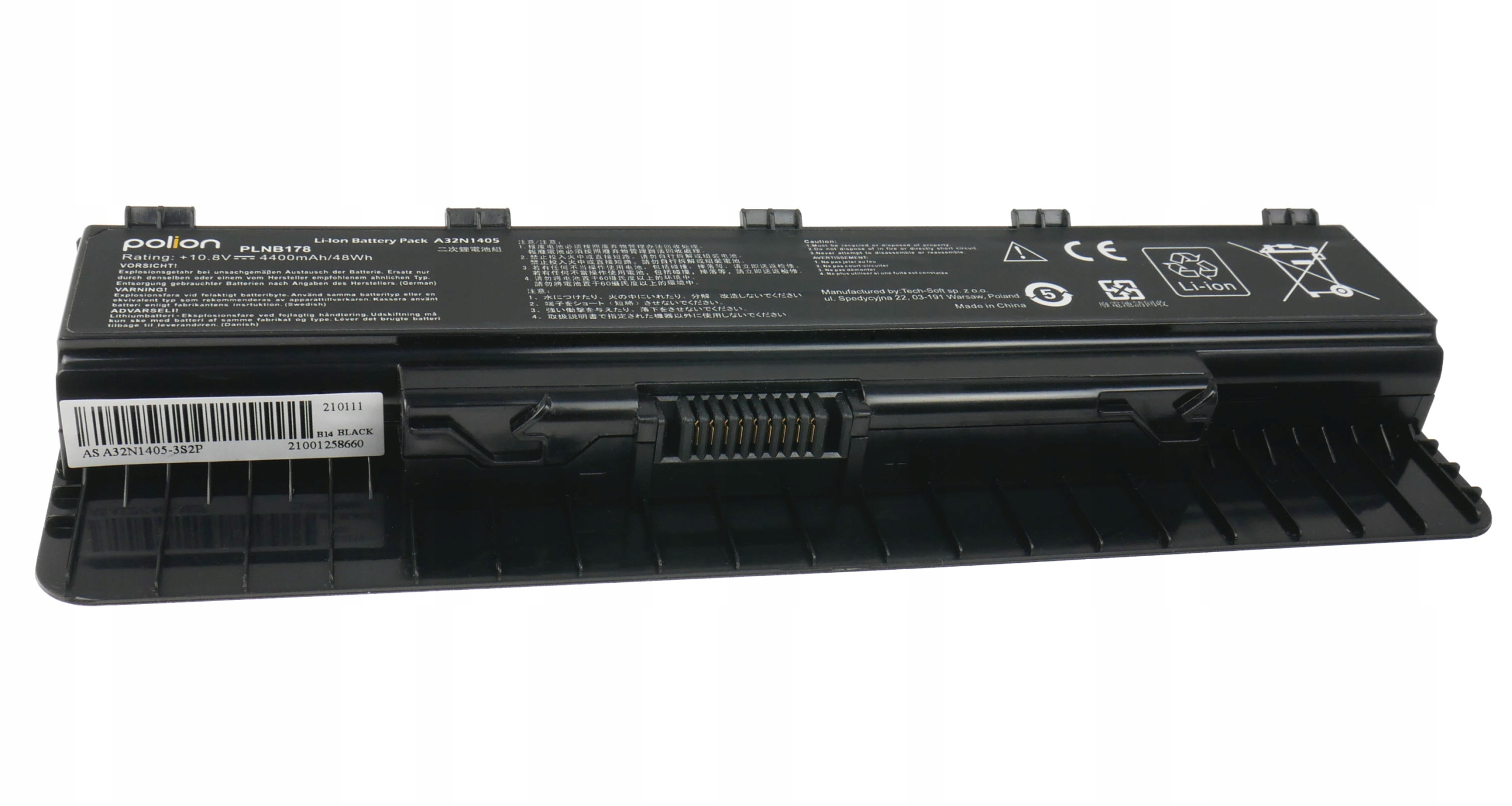 Czarny akumulator do laptopa z oznaczeniem Li-Ion, szczegółami i ostrzeżeniami.