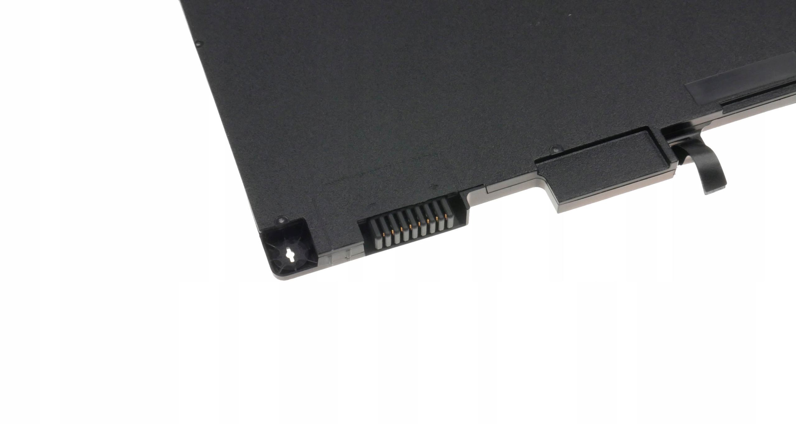 Czarna bateria do laptopa ze złotymi pinami złącza i czarną zakładką.
