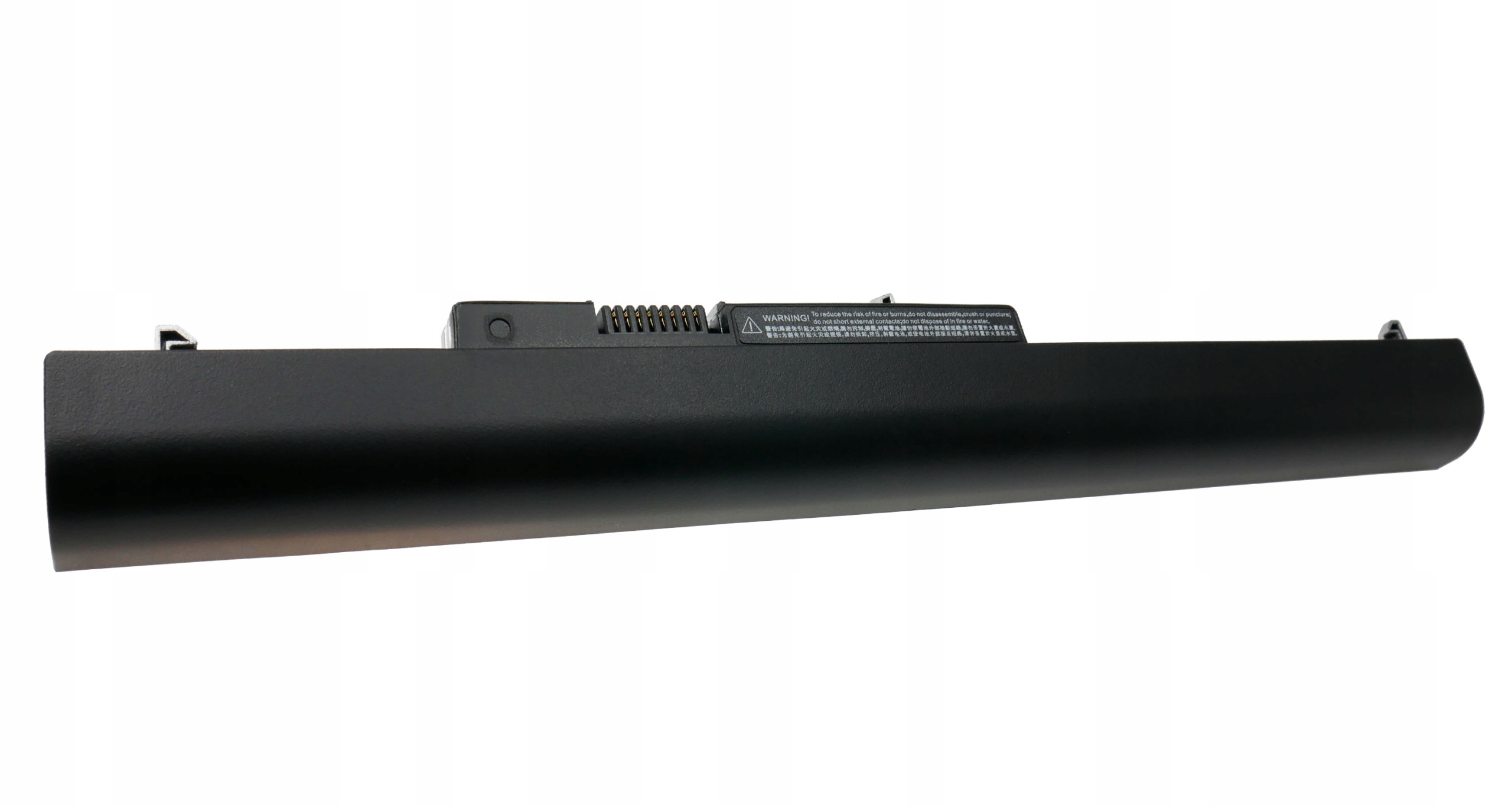 Czarna bateria do laptopa z etykietami ostrzegawczymi i stykami.