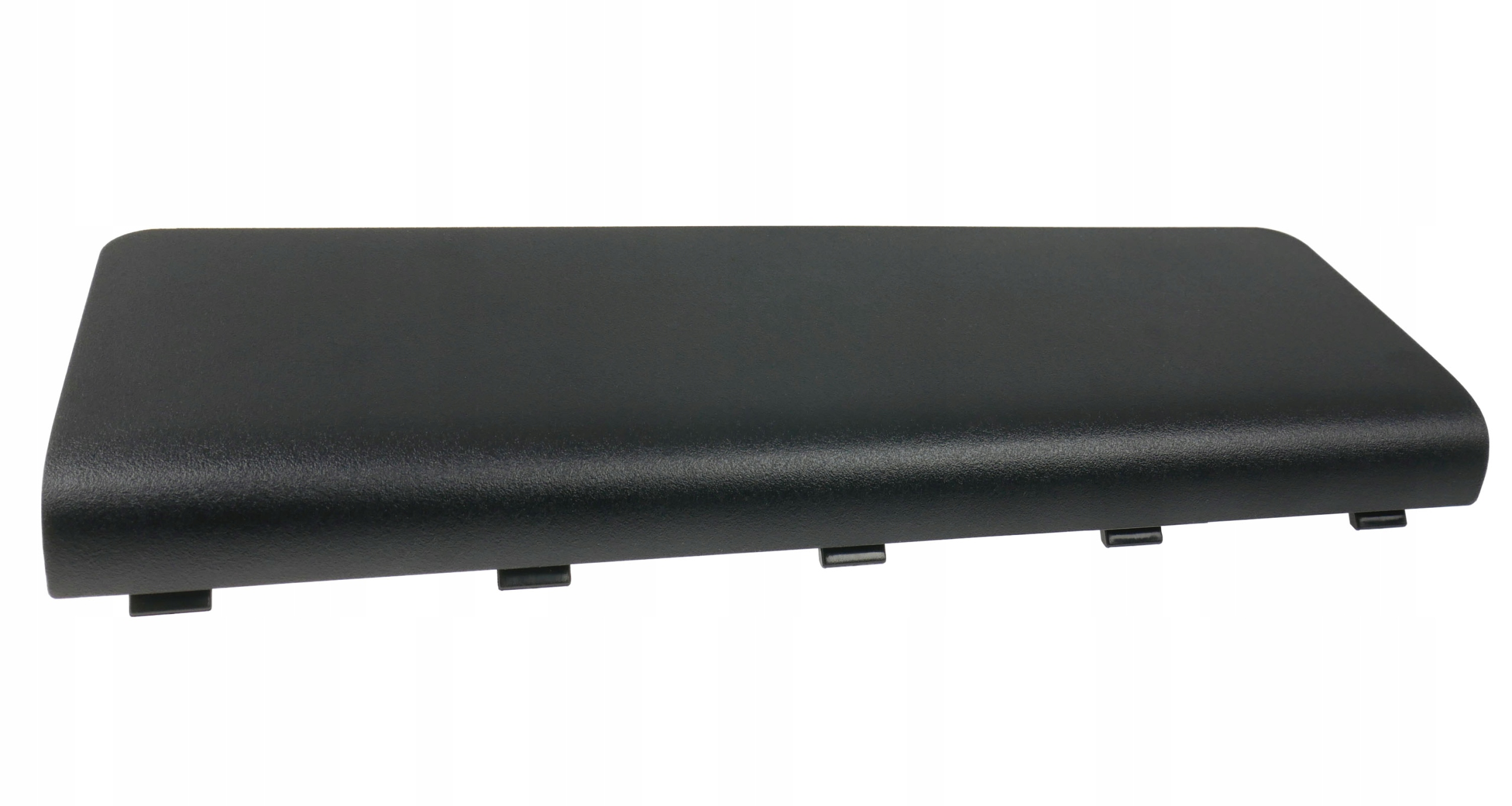 Czarna plastikowa część z klipsami, prostokątny kształt, gładka tekstura.