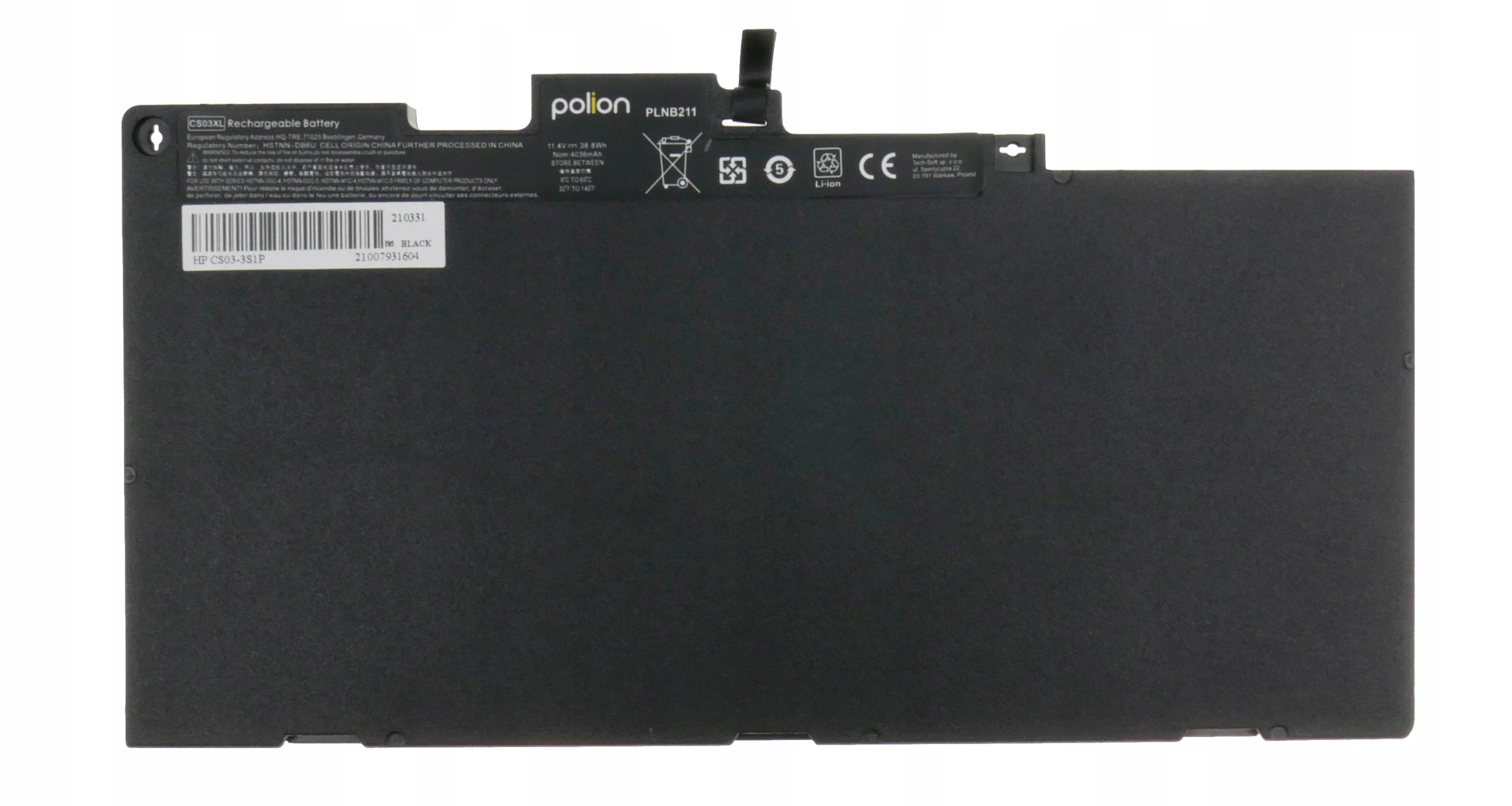 Czarny akumulator do laptopa z etykietami i złączami.