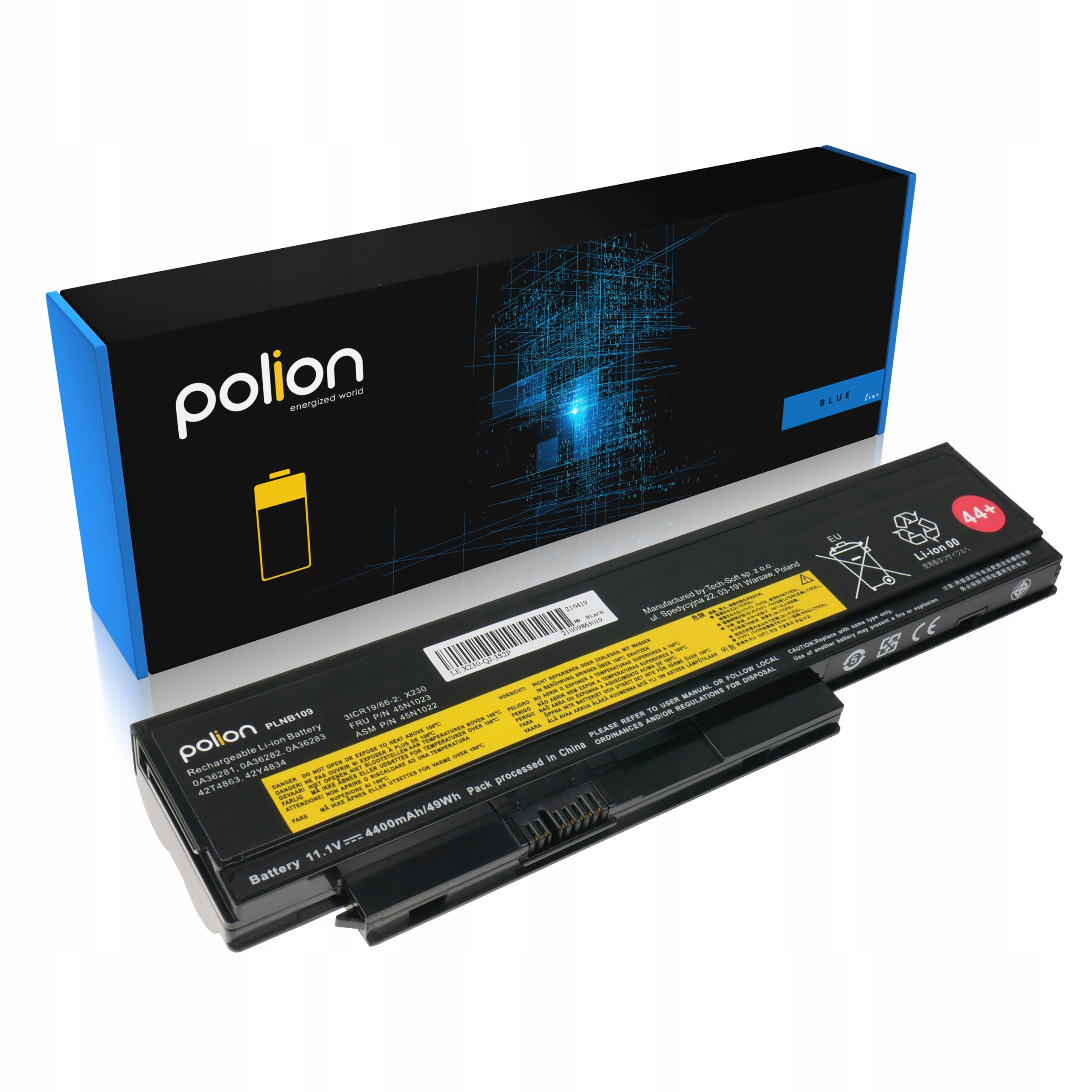 Czarna bateria do laptopa z etykietami i ostrzeżeniami przed pudełkiem z niebieską krawędzią.