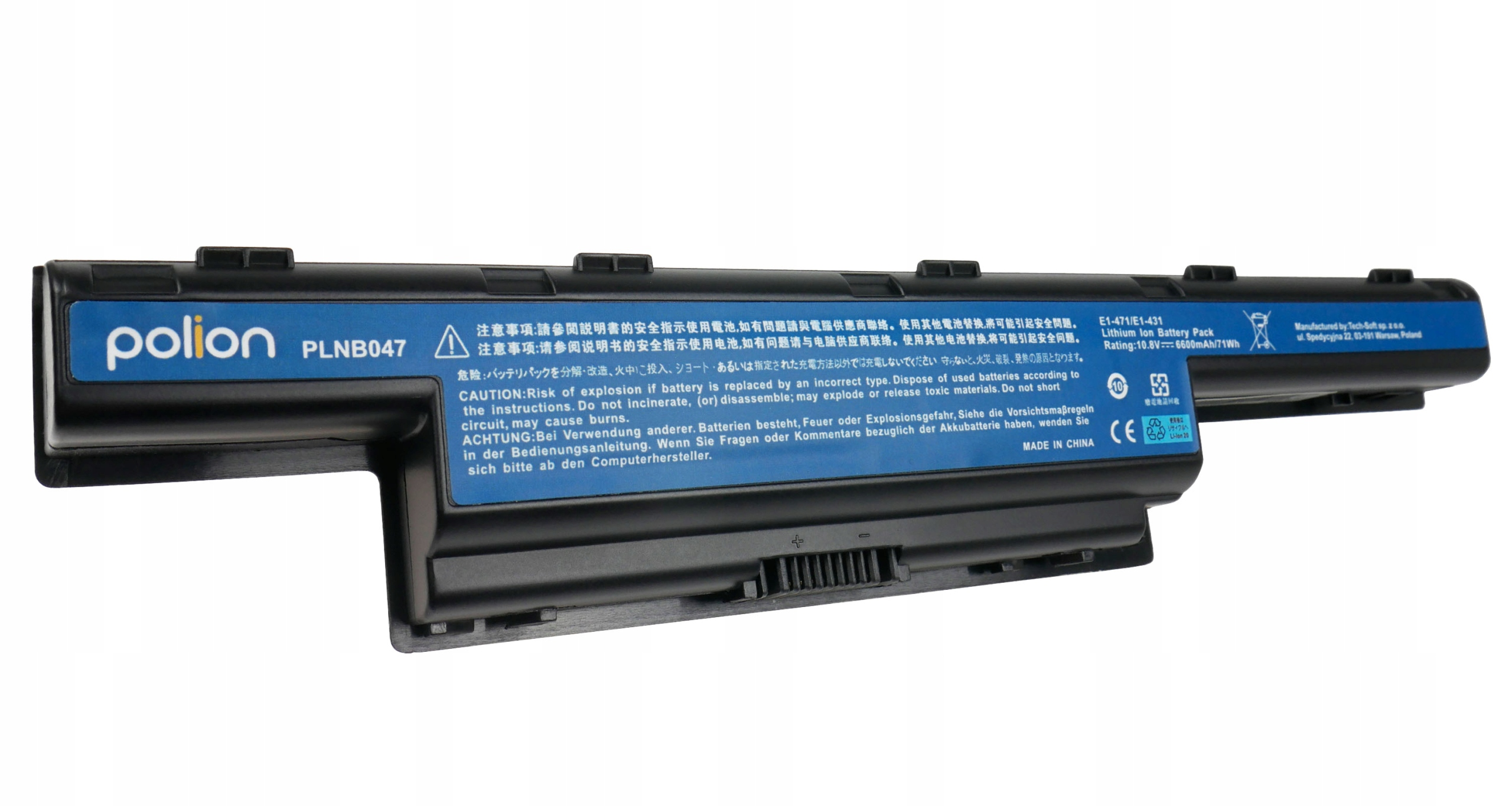 Czarny akumulator Polion PLNB047 z wielojęzycznymi ostrzeżeniami bezpieczeństwa.