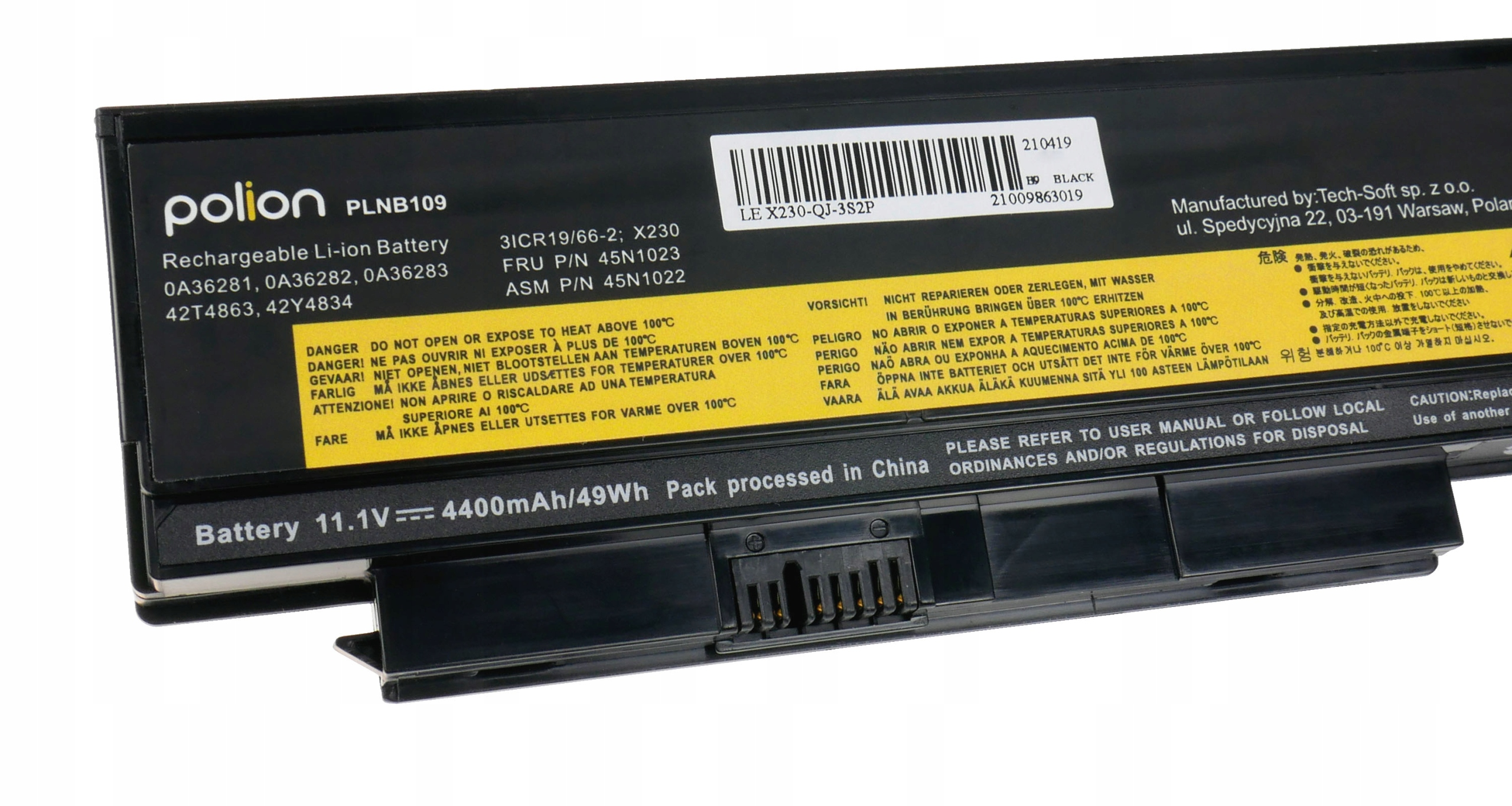 Czarna bateria do laptopa, model PLNB109, 11.1V, 4400mAh, z ostrzeżeniami.