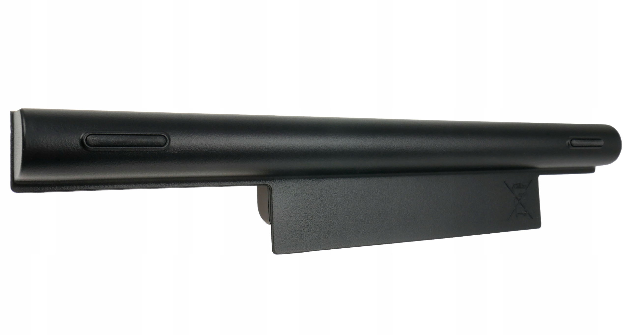 Czarna bateria do laptopa z wycięciem po lewej i symbolem.