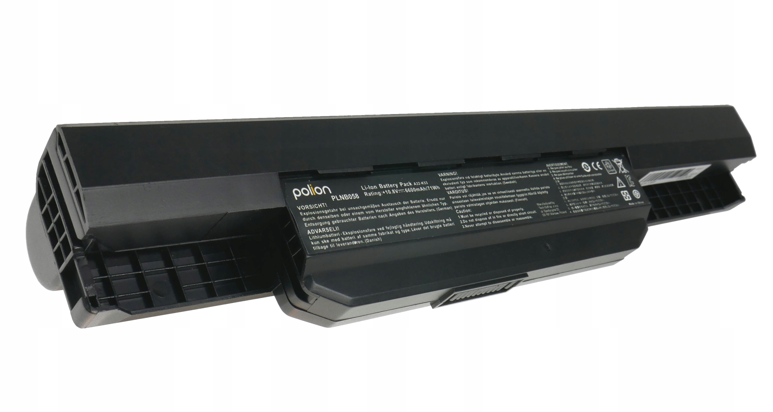 Czarny akumulator Li-Ion z etykietami ostrzegawczymi i oznaczeniem CE.