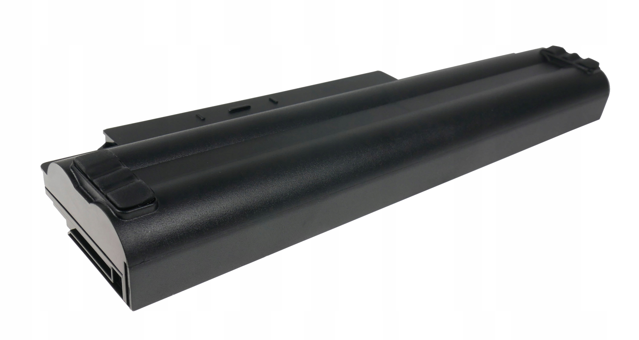 Czarna bateria do laptopa ze złączami na białym tle.