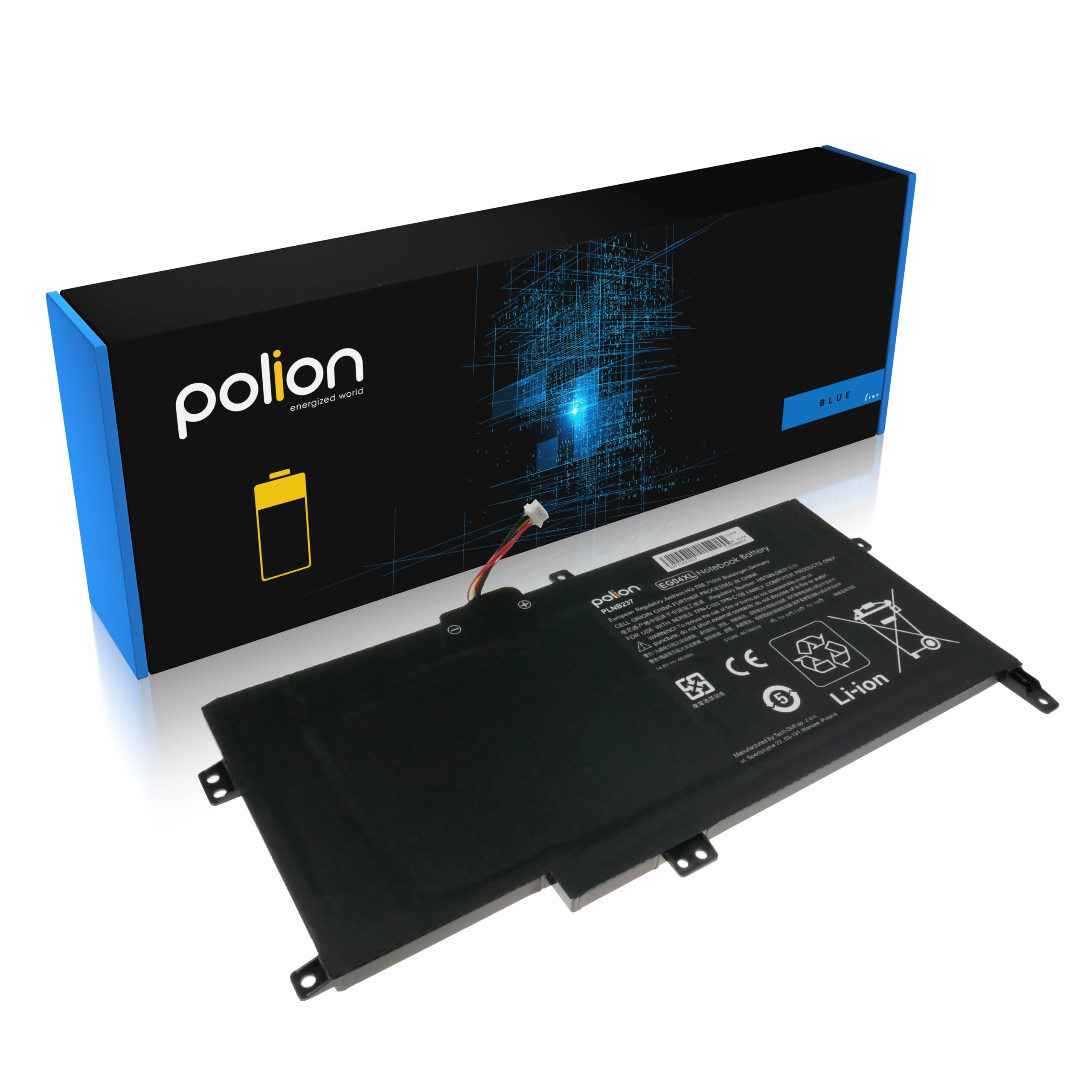 Czarna bateria do laptopa z logo Polion przed opakowaniem.