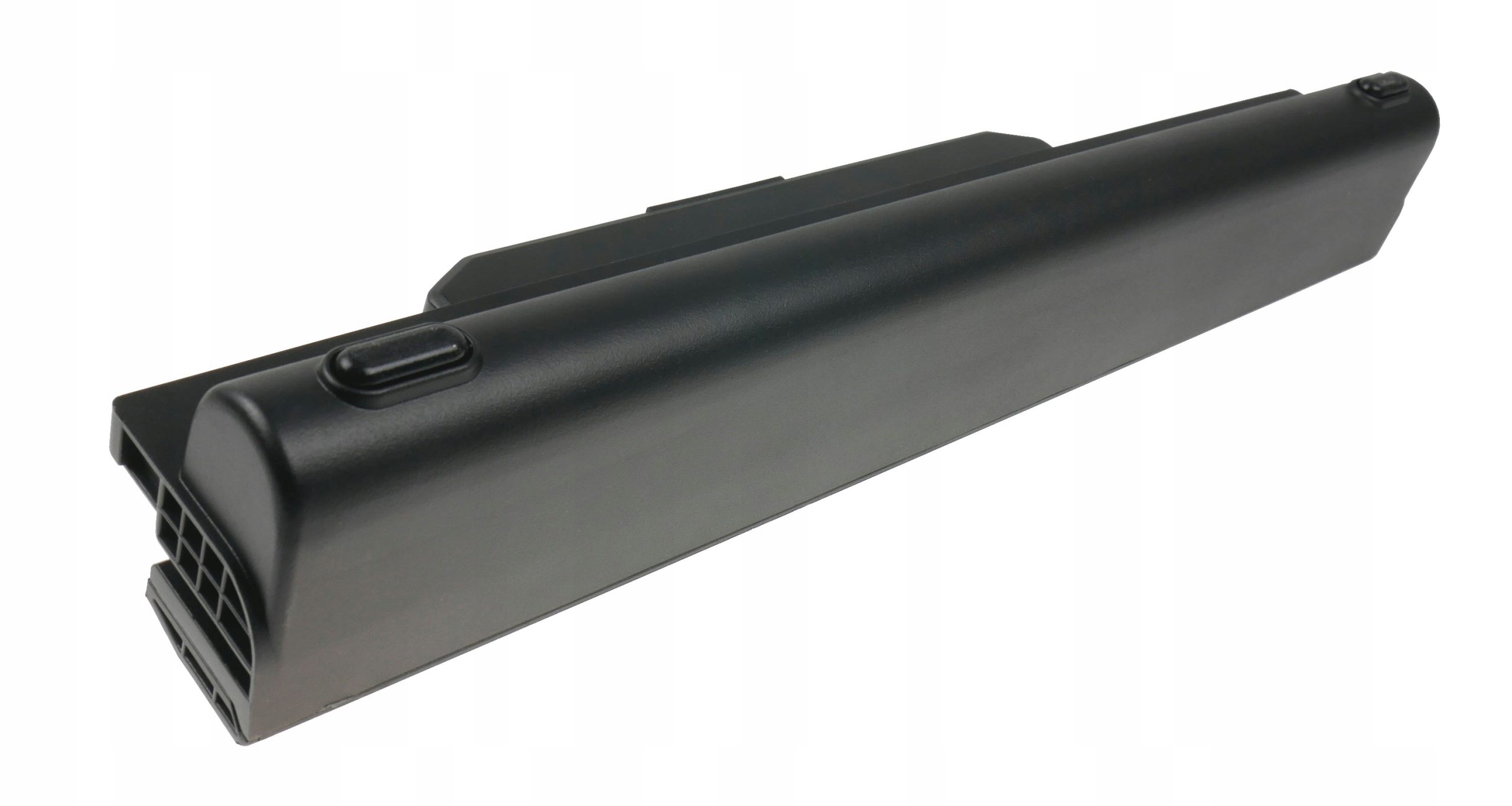 Czarna bateria do laptopa z otworami wentylacyjnymi na jednym końcu.