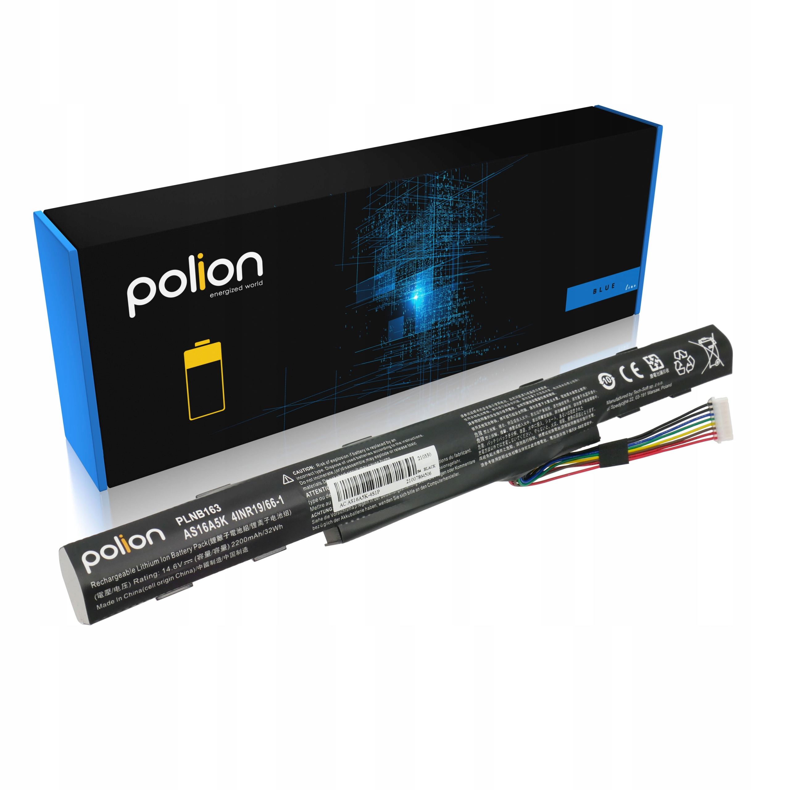 Bateria laptopa Polion z kablami i opakowaniem. Bateria jest czarna z nadrukiem.