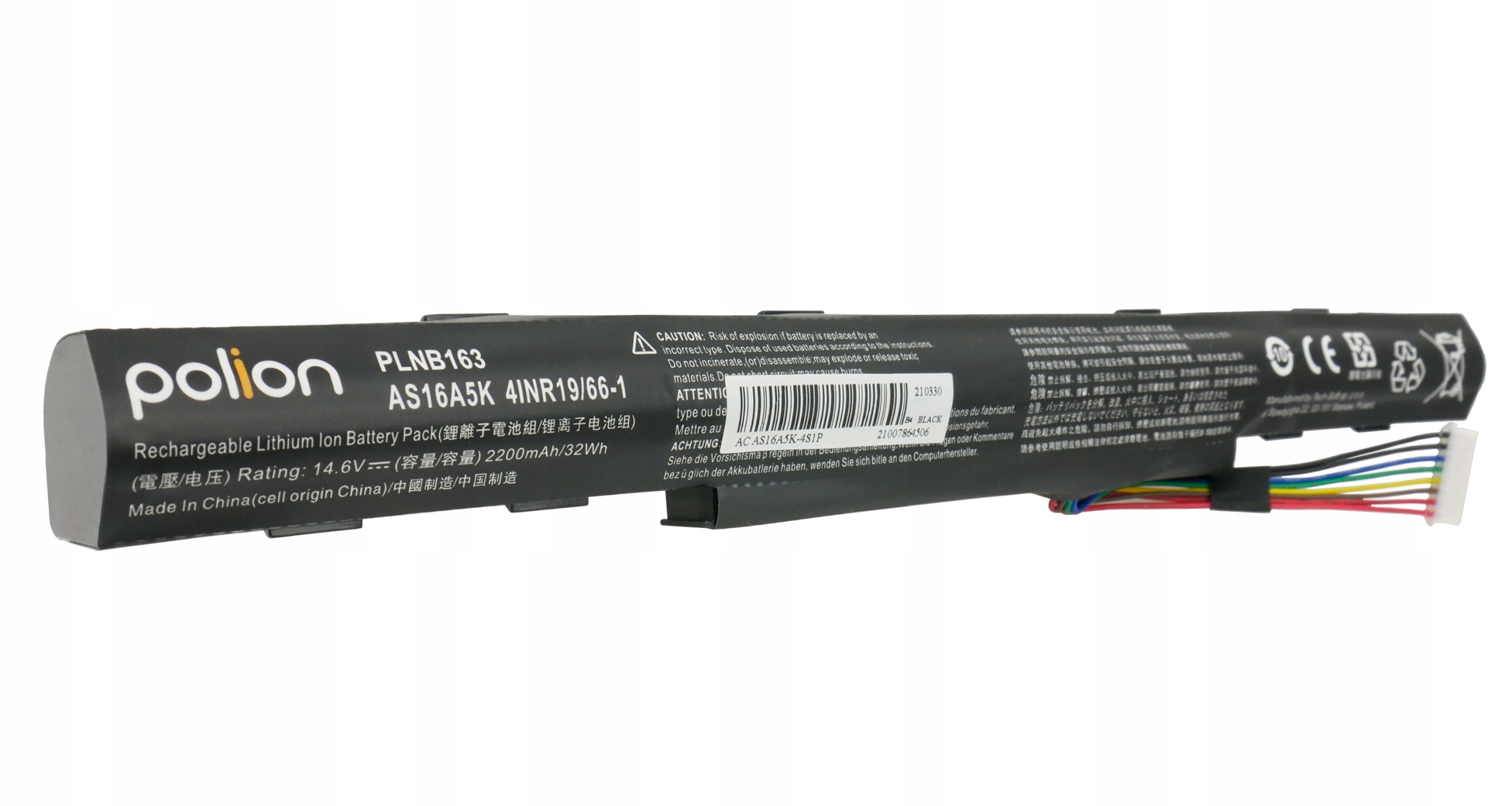 Czarny akumulator litowo-jonowy Polion PLNB163 AS16A5K z kablami.