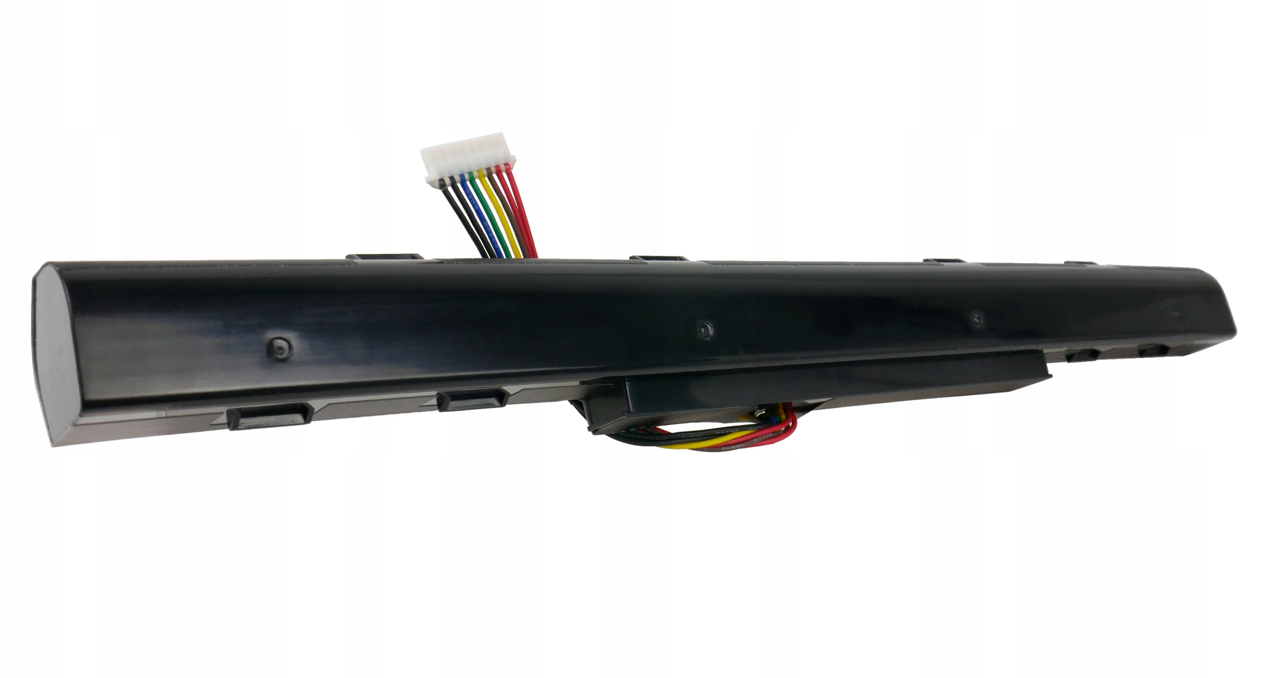 Czarna bateria do laptopa z kolorowymi przewodami i białym złączem.