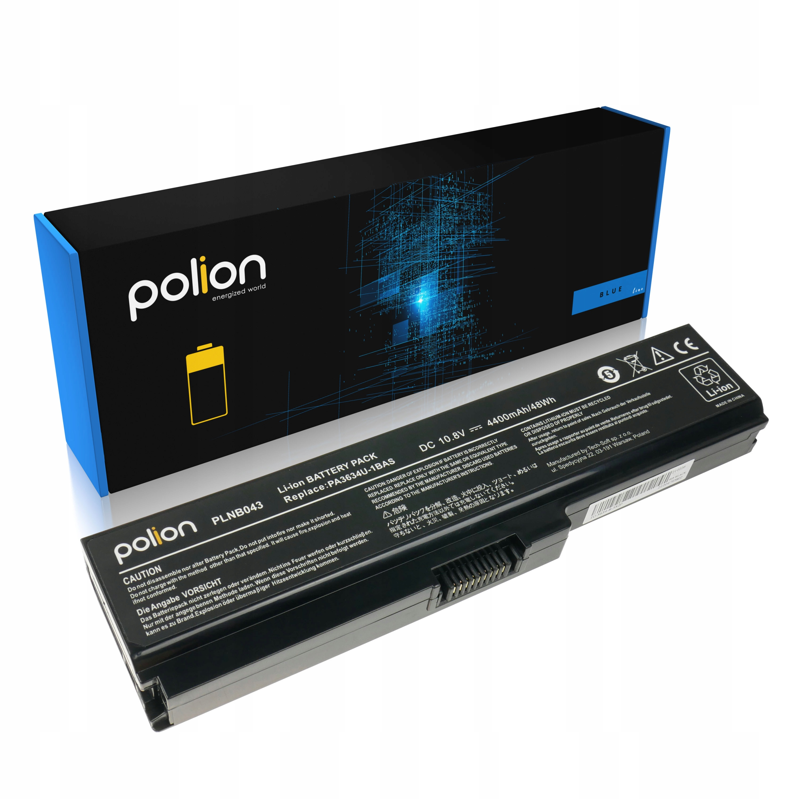 Czarny akumulator do laptopa z logo Polion i ostrzeżeniami.
