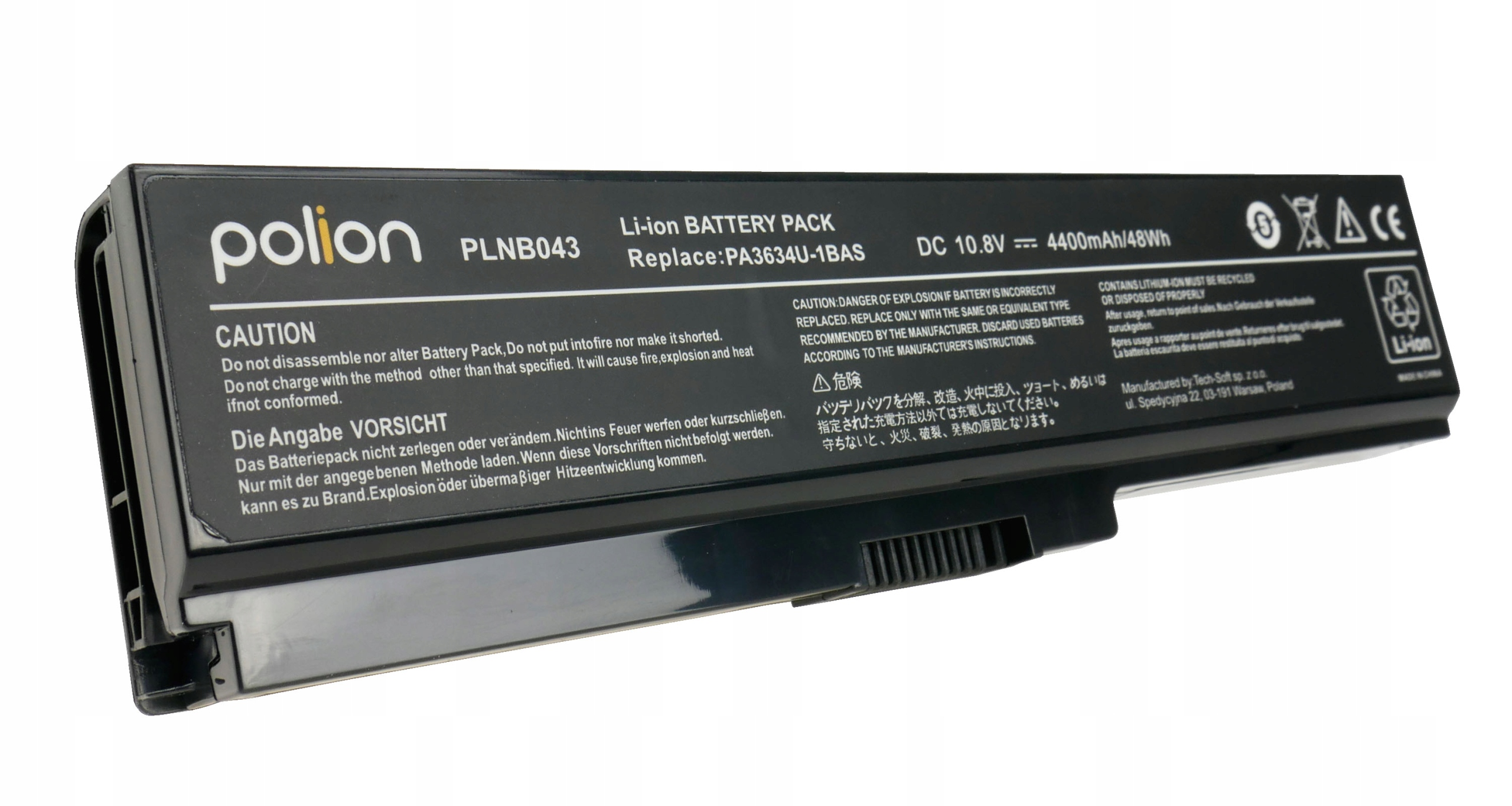 Czarny akumulator Li-ion z napisem: Polion, PLNB043, DC 10.8V.
