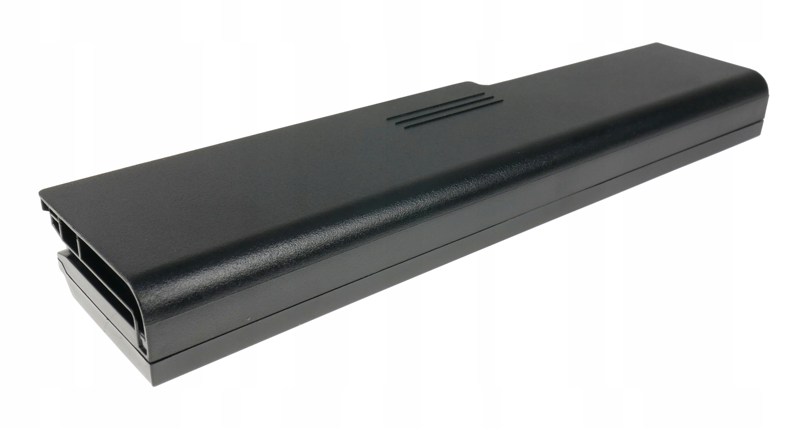 Czarna bateria do laptopa z trzema szczelinami na jednym końcu.