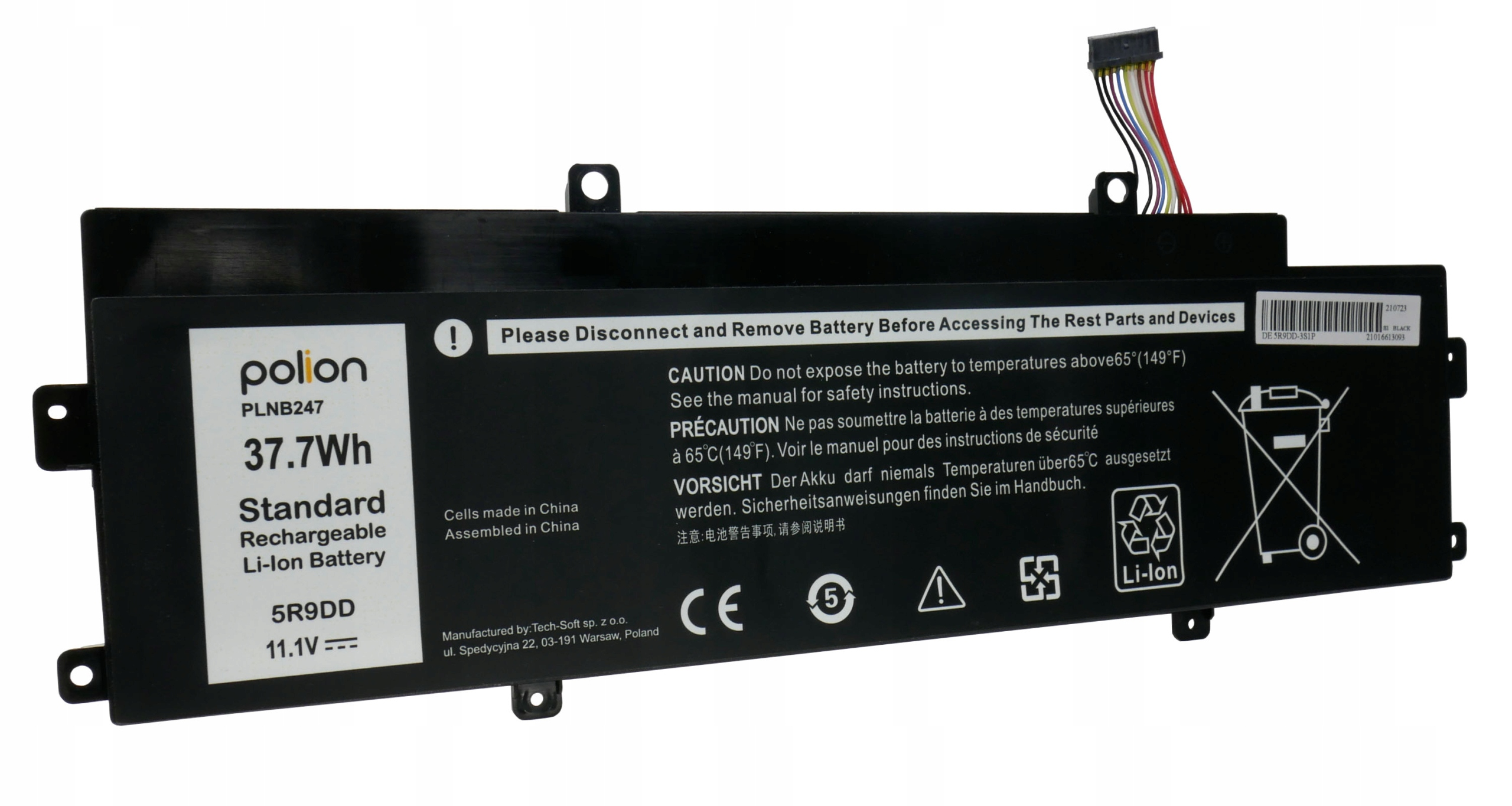 Czarny akumulator do laptopa z kablami, 37,7 Wh, 11,1 V, ostrzeżeniami.