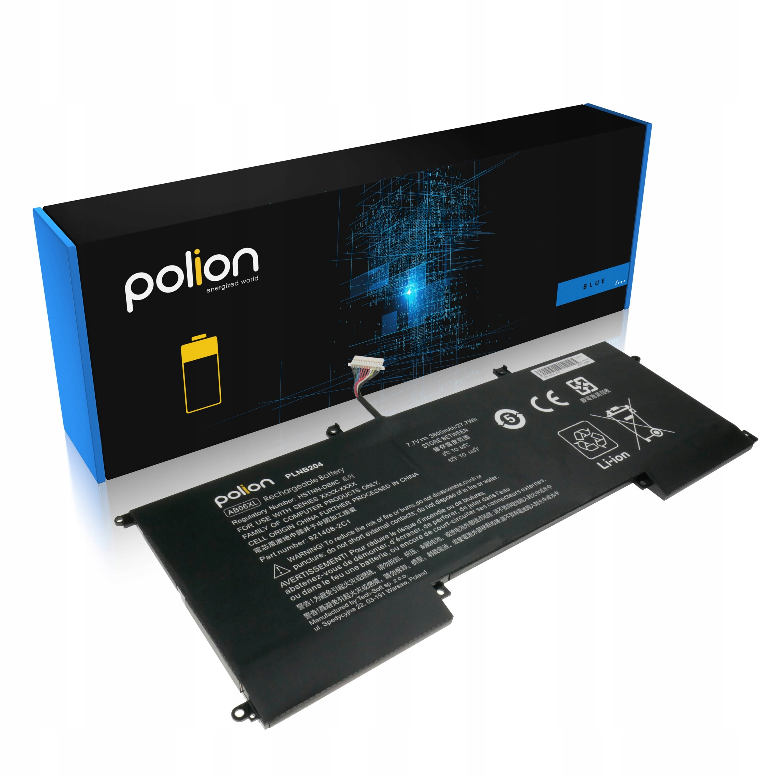 Czarna bateria do laptopa z logo Polion leży przed opakowaniem.