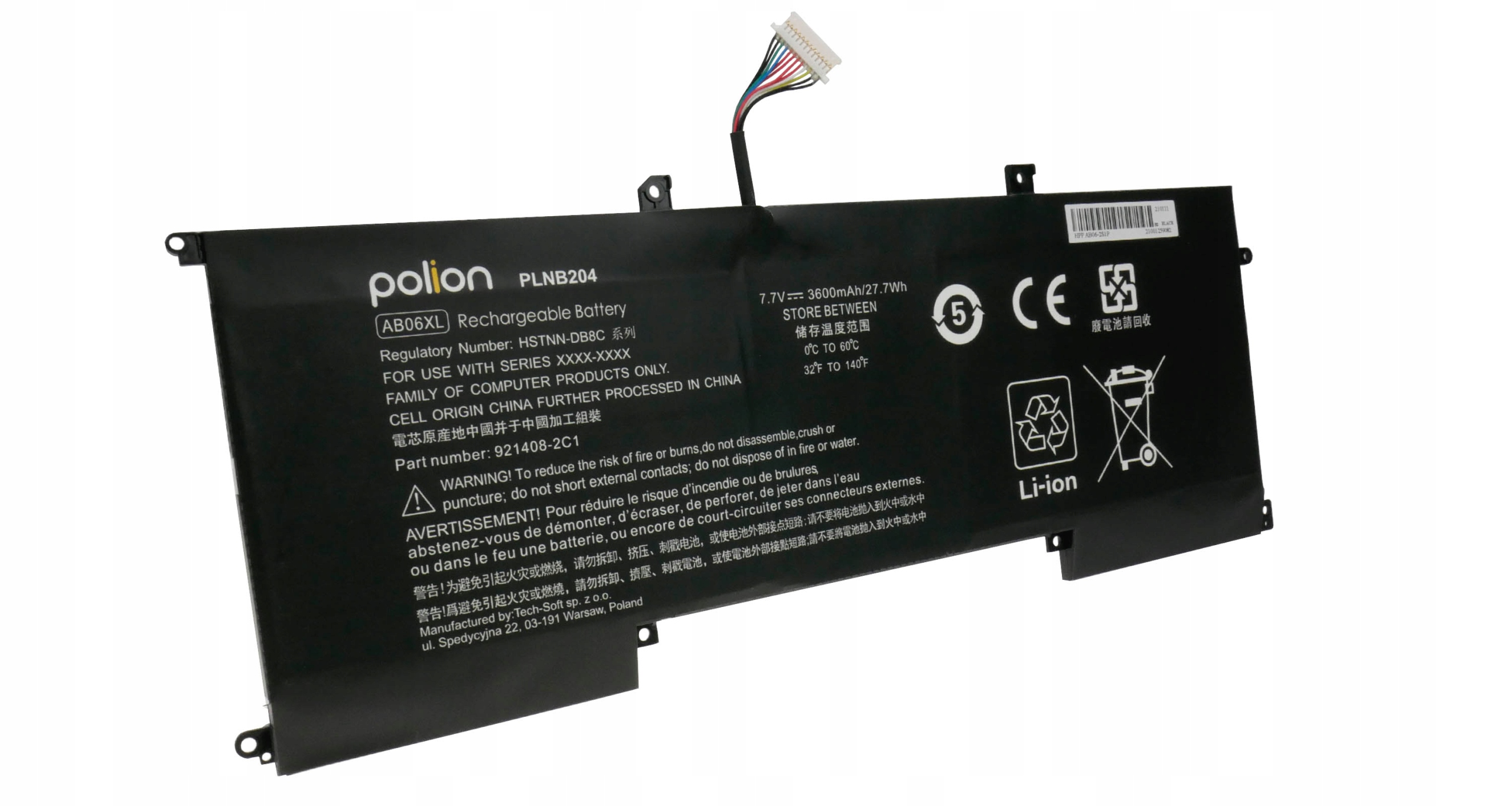 Czarna bateria Li-ion z kablem i etykietami, 3600mAh, 27.7Wh.