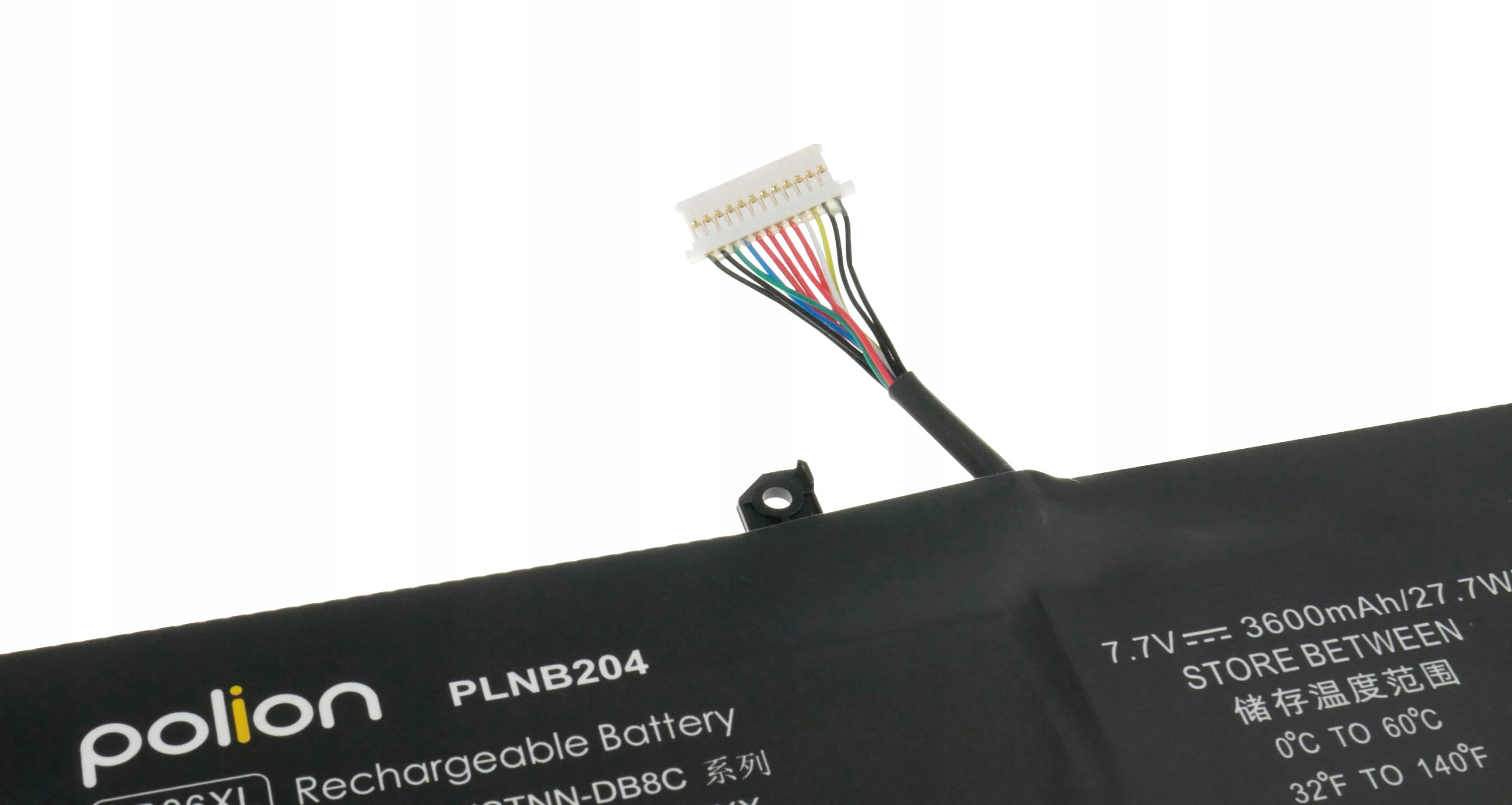 Czarna bateria z kablem i białym złączem. Opisana Polion PLNB204.