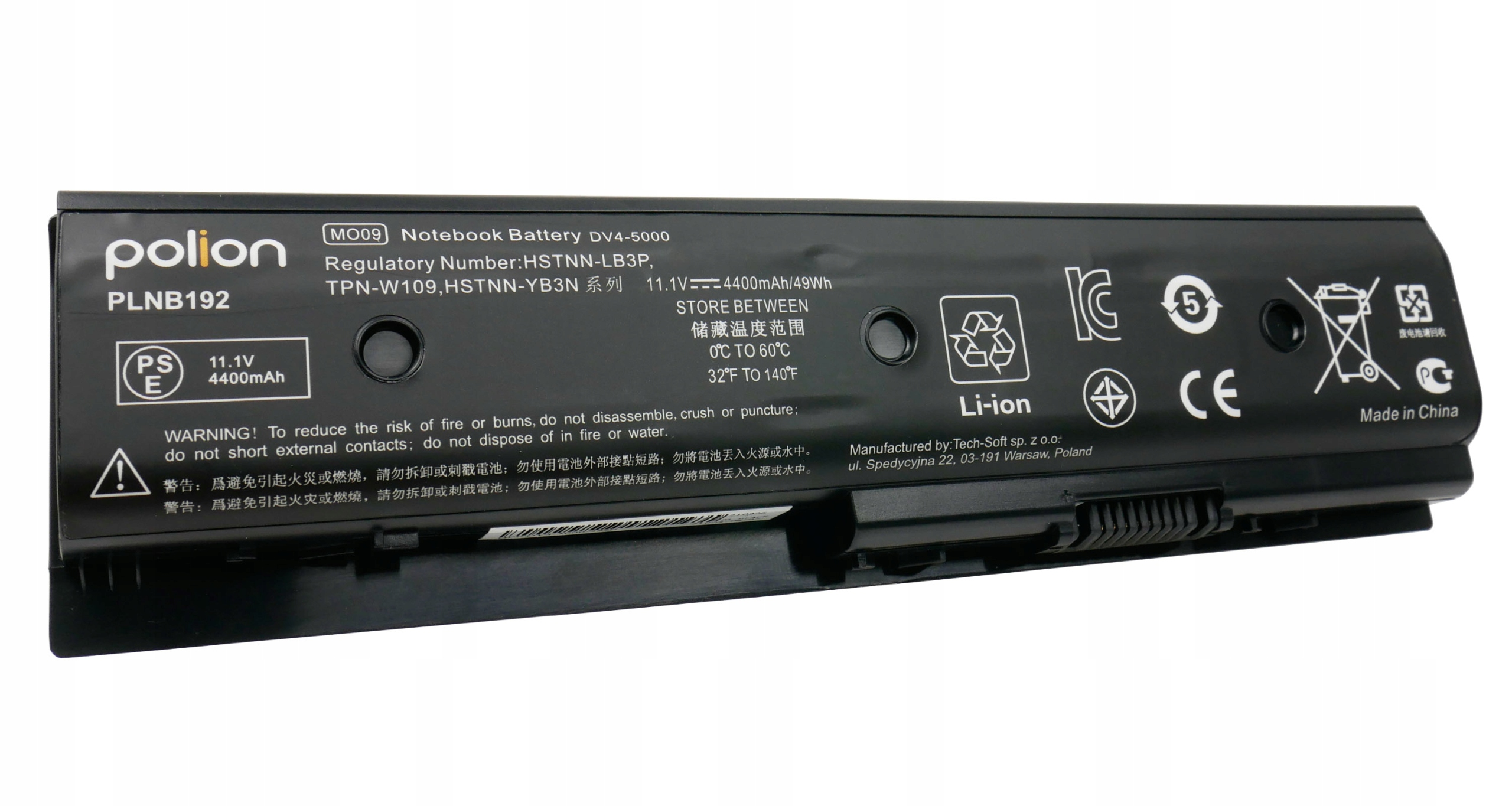 Czarna bateria do laptopa Polion ze specyfikacjami i ostrzeżeniami.