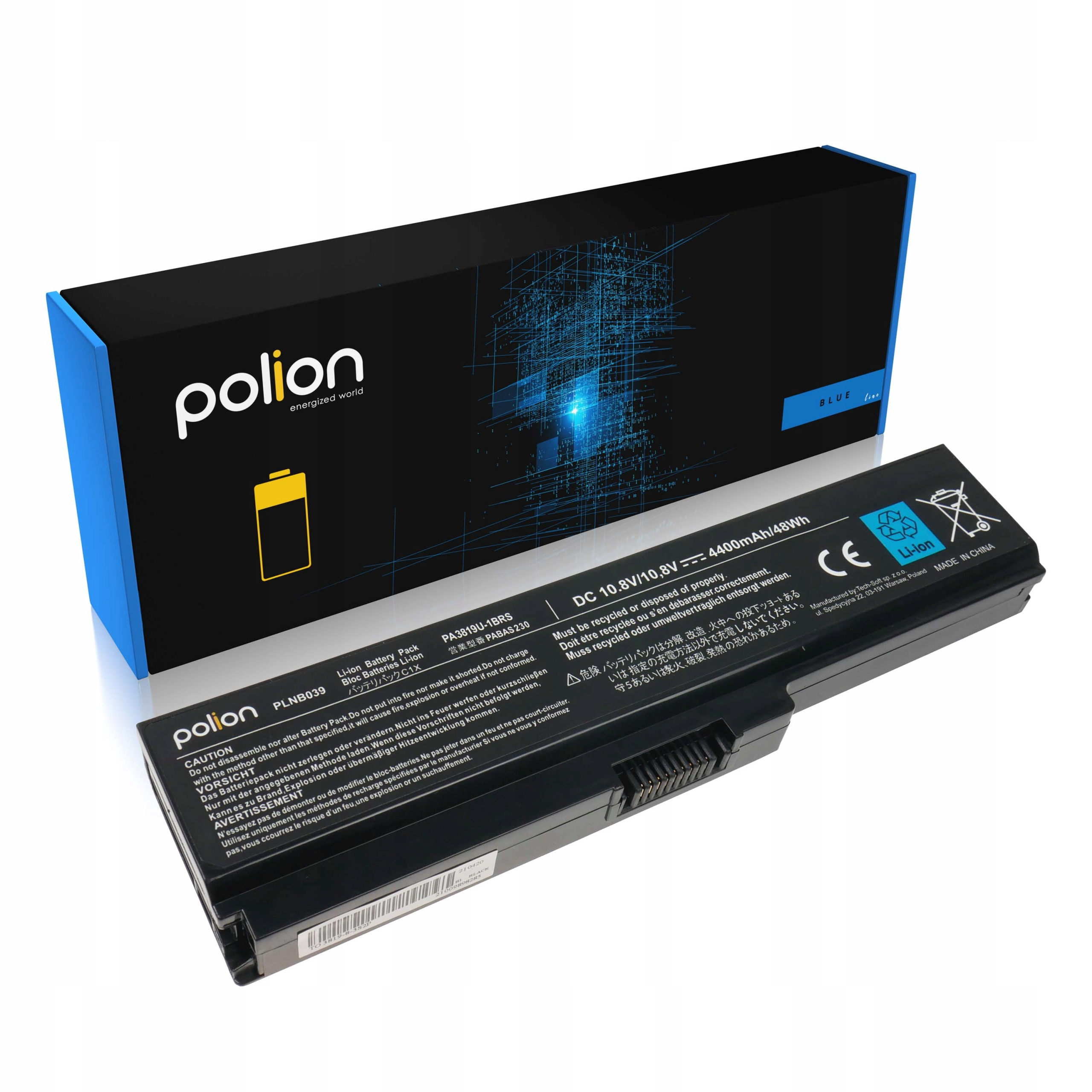 Czarna bateria do laptopa z niebieskimi akcentami i logo Polion przed opakowaniem.