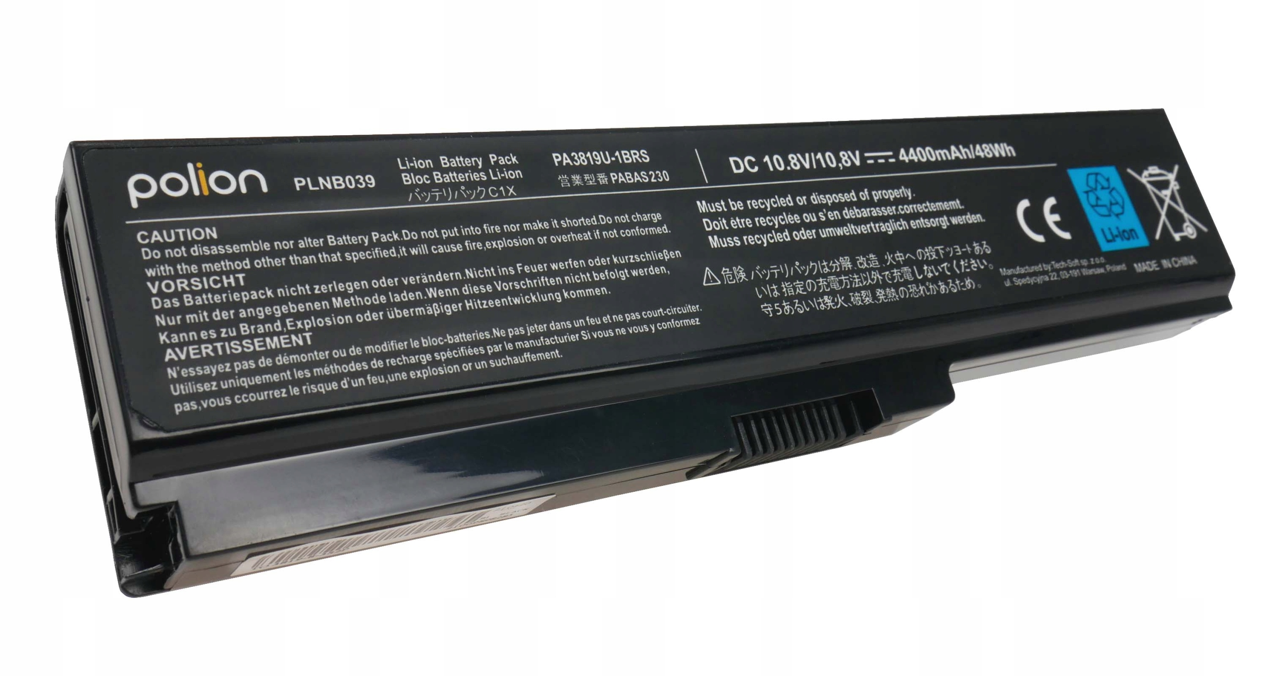 Czarny akumulator litowo-jonowy, model PLNB039, o pojemności 4400mAh.