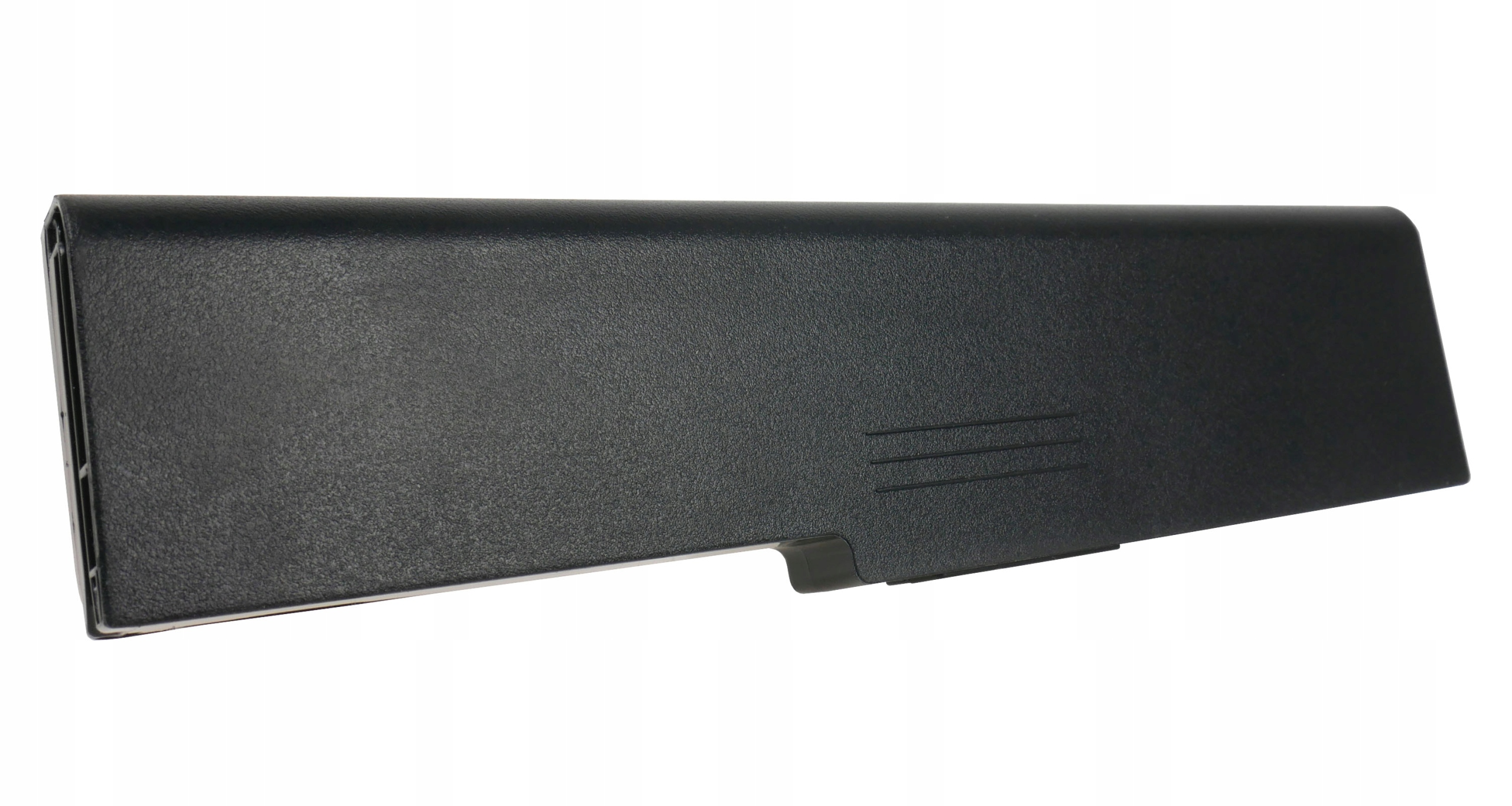 Czarna bateria do laptopa z lekko teksturowaną powierzchnią.