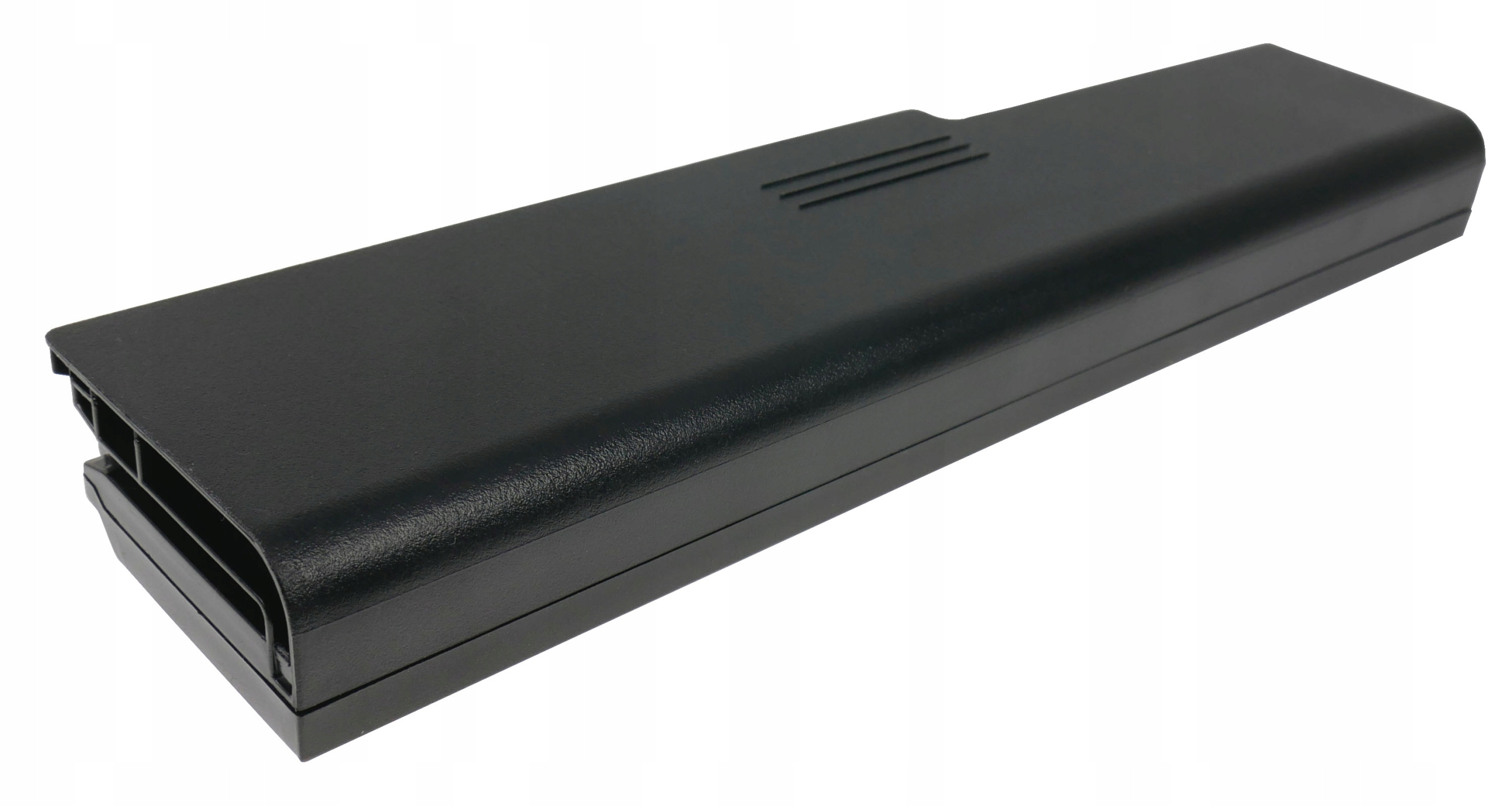 Czarny akumulator z trzema rowkami na górze.