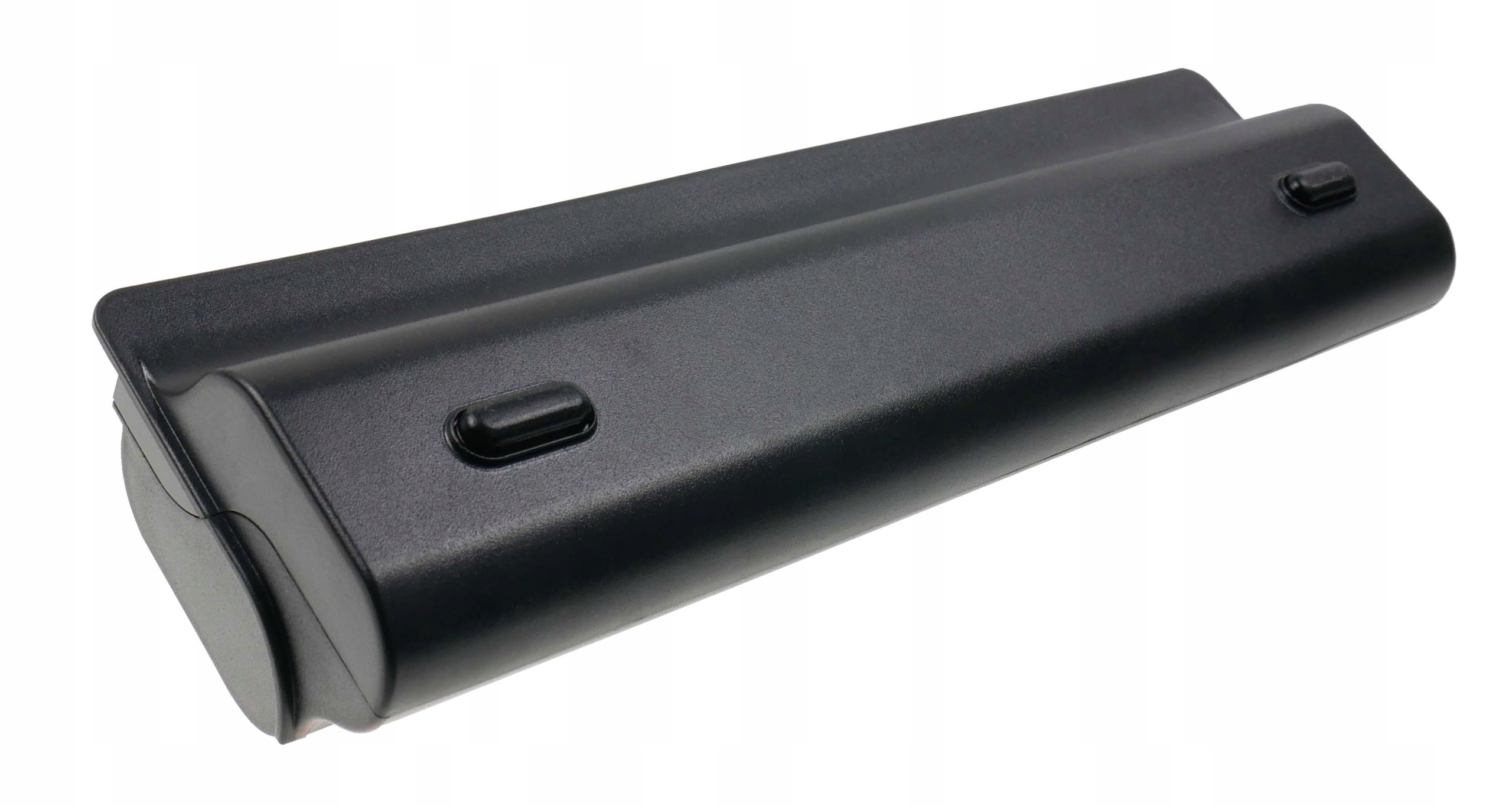 Czarny akumulator do laptopa z dwoma zatrzaskami na białym tle.