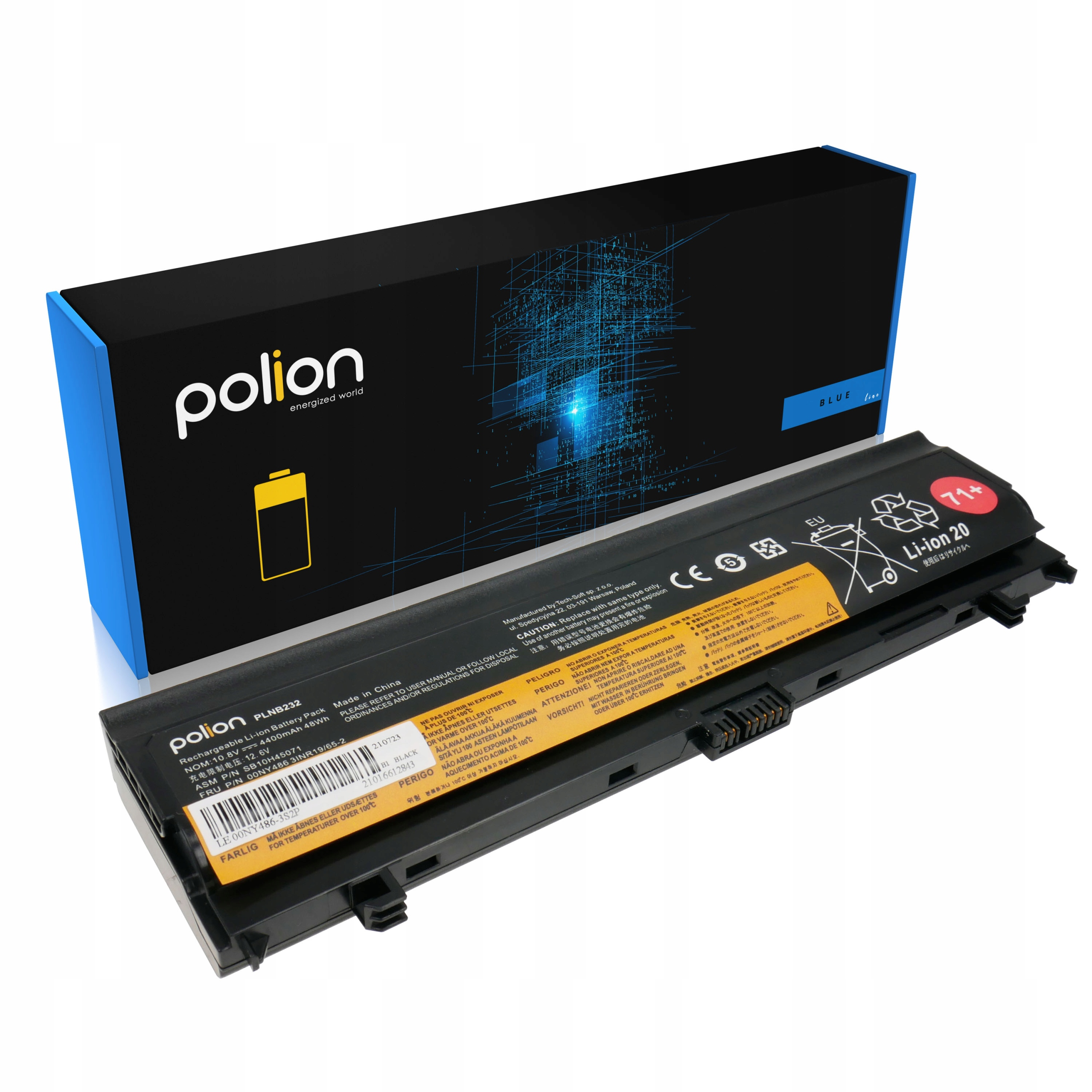 Bateria do laptopa Polion z etykietami i ostrzeżeniami leży przed czarnym pudełkiem.
