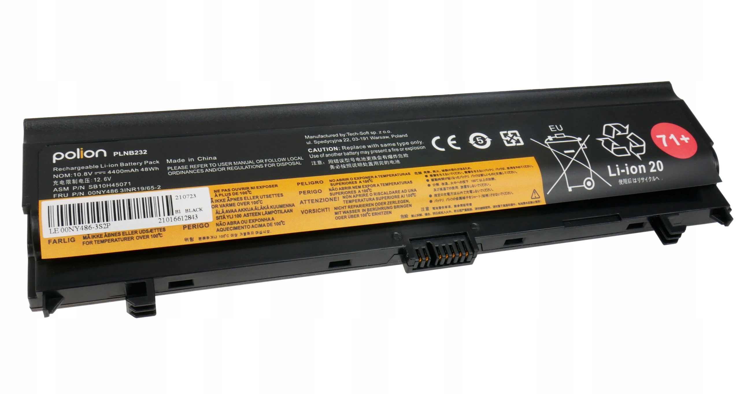 Czarny akumulator litowo-jonowy z tekstem, symbolami ostrzegawczymi i recyklingu.