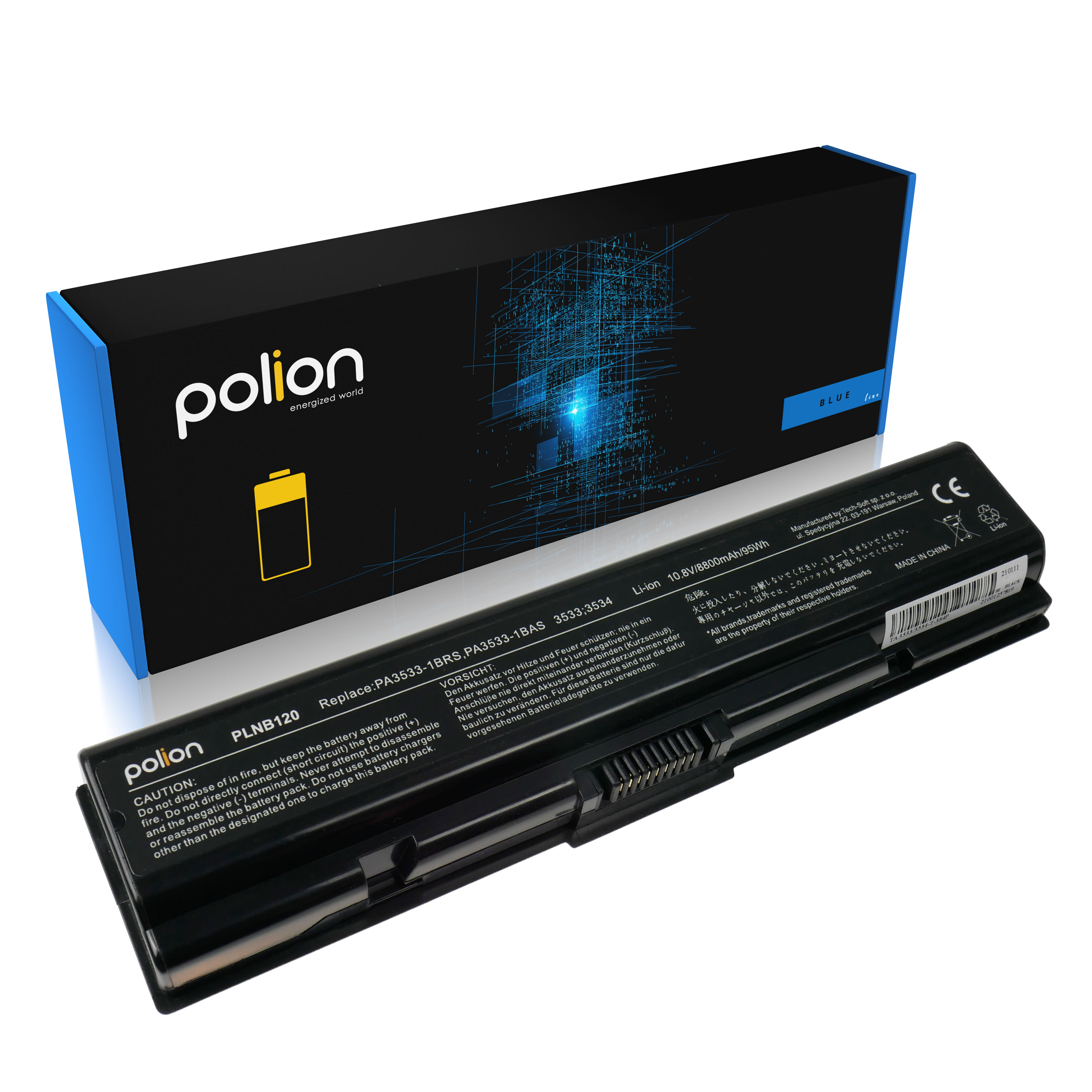 Czarny akumulator do laptopa z niebieskim pudełkiem, z napisem 'polion'.