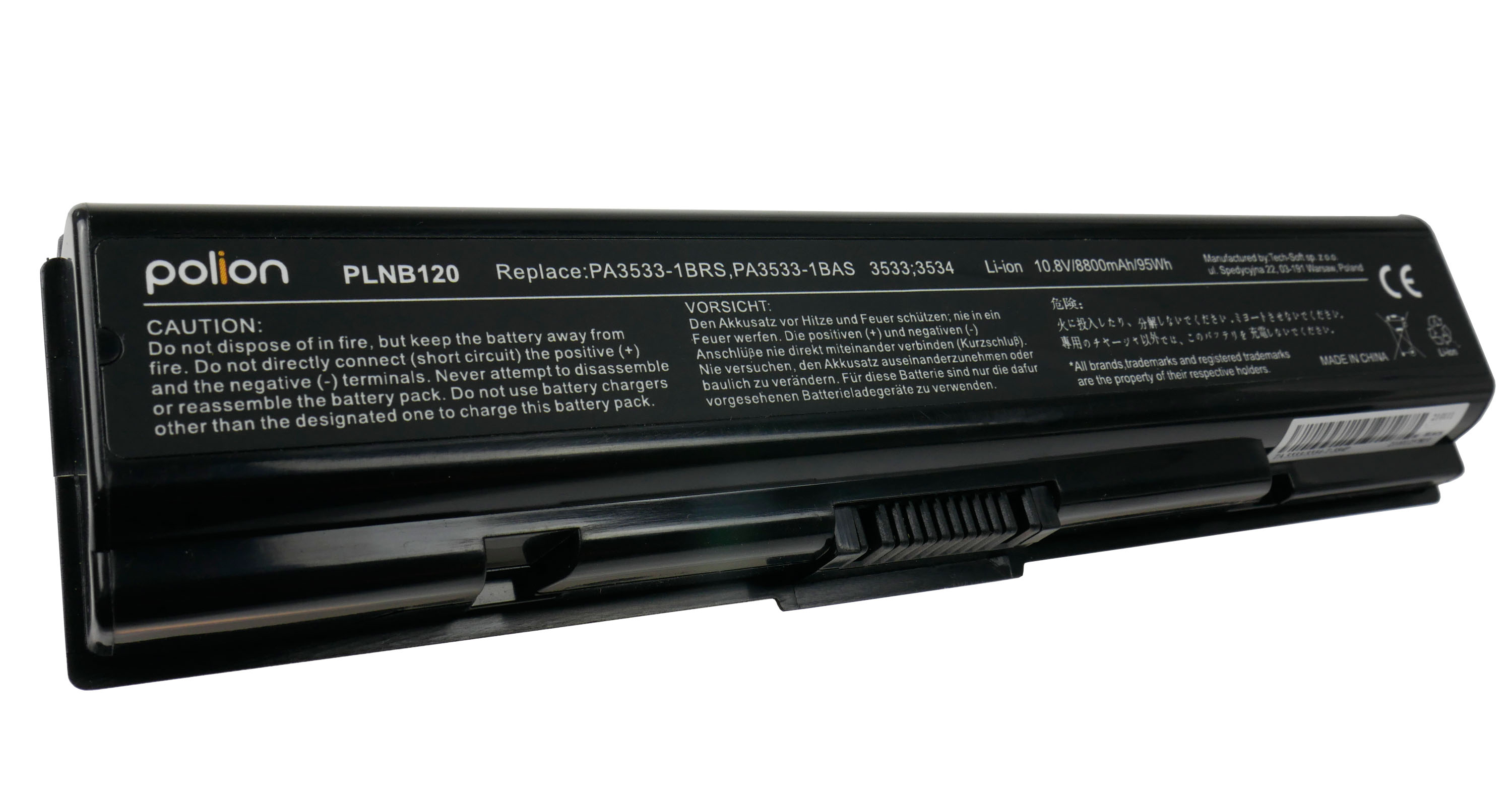 Czarna bateria do laptopa z napisami: Polion, PLNB120, Li-ion 10.8V.