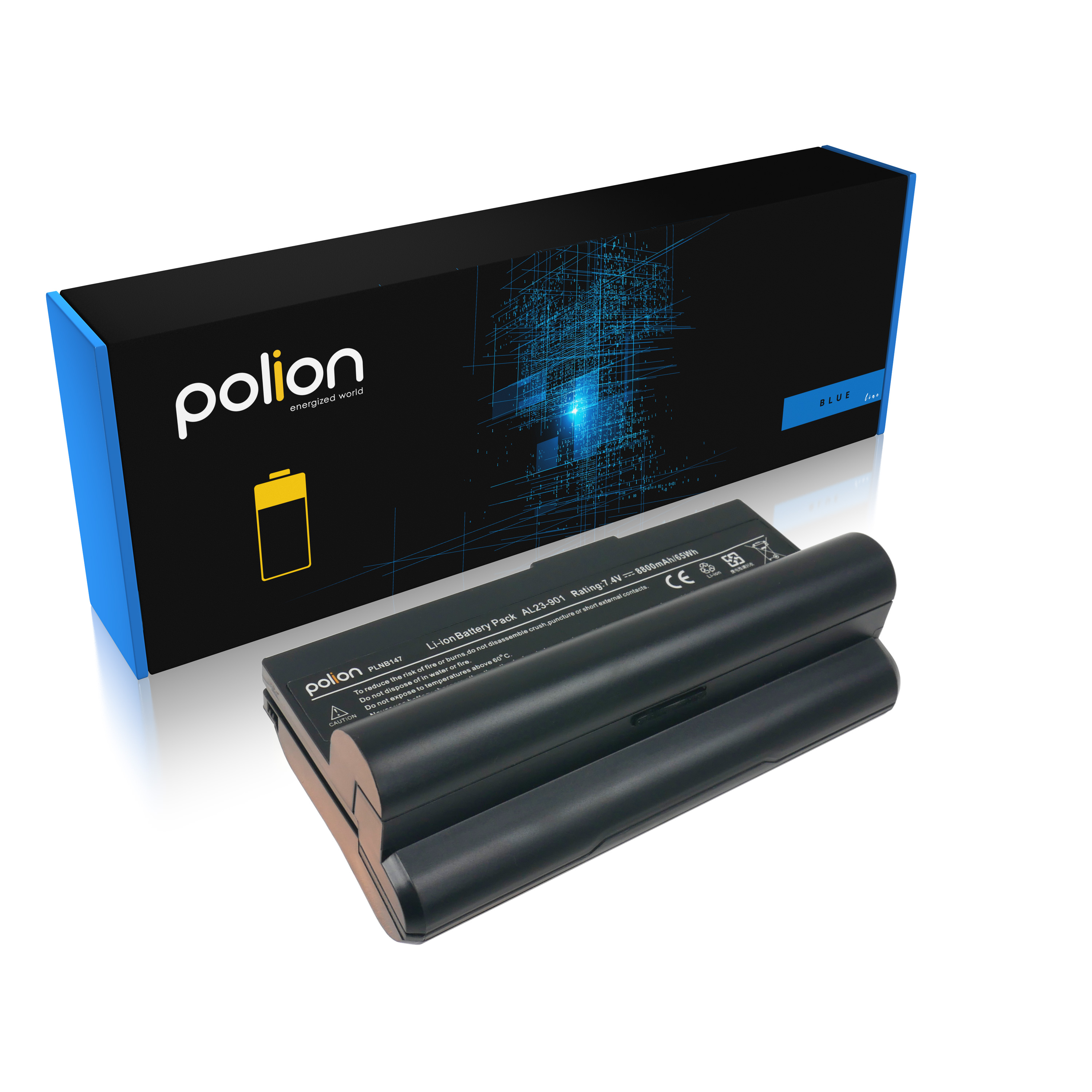 Czarny akumulator do laptopa leży przed czarno-niebieskim pudełkiem z logo polion.