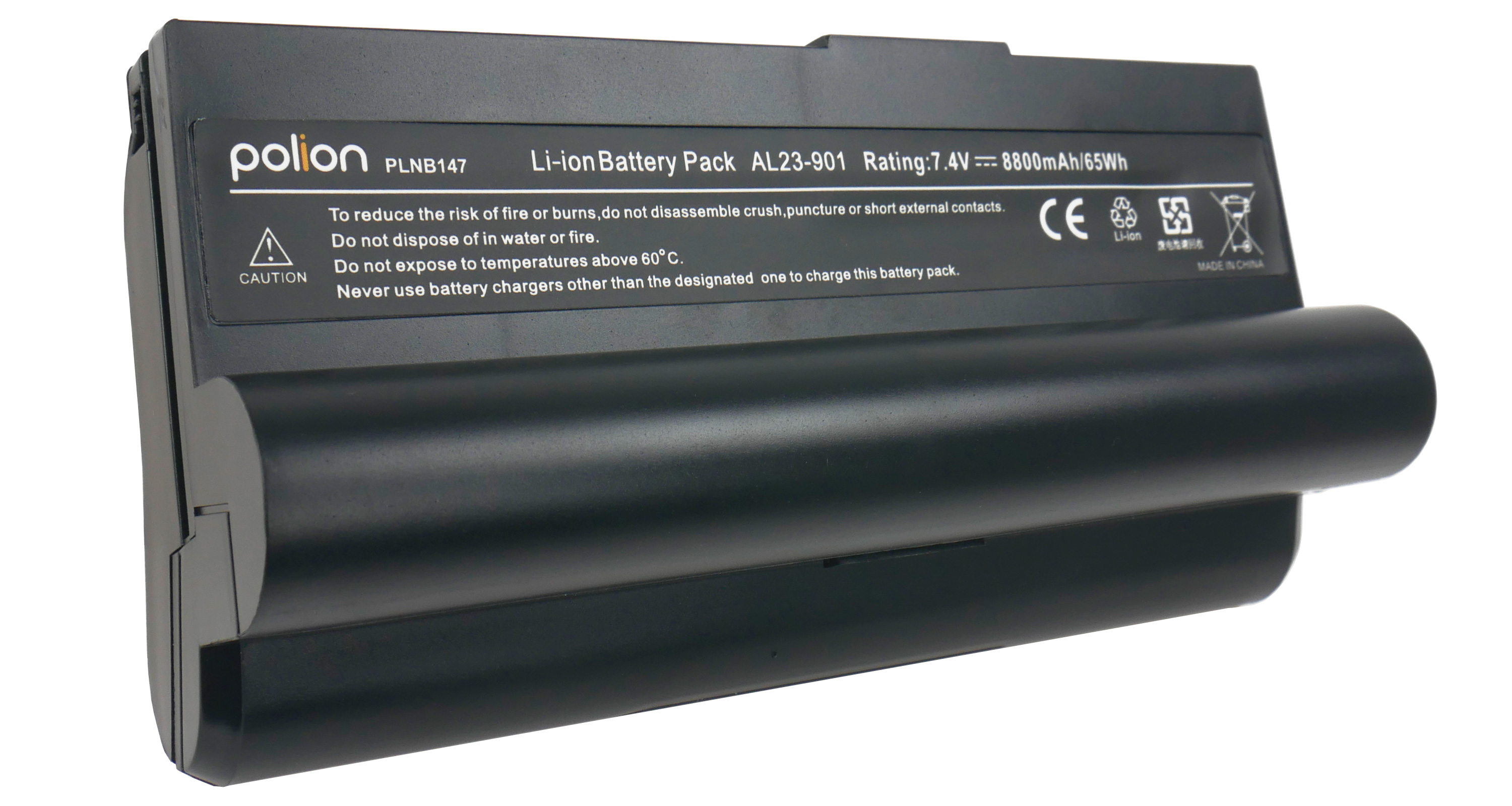 Czarny akumulator Li-ion z oznaczeniami, 7.4V, 8800mAh, 65Wh.