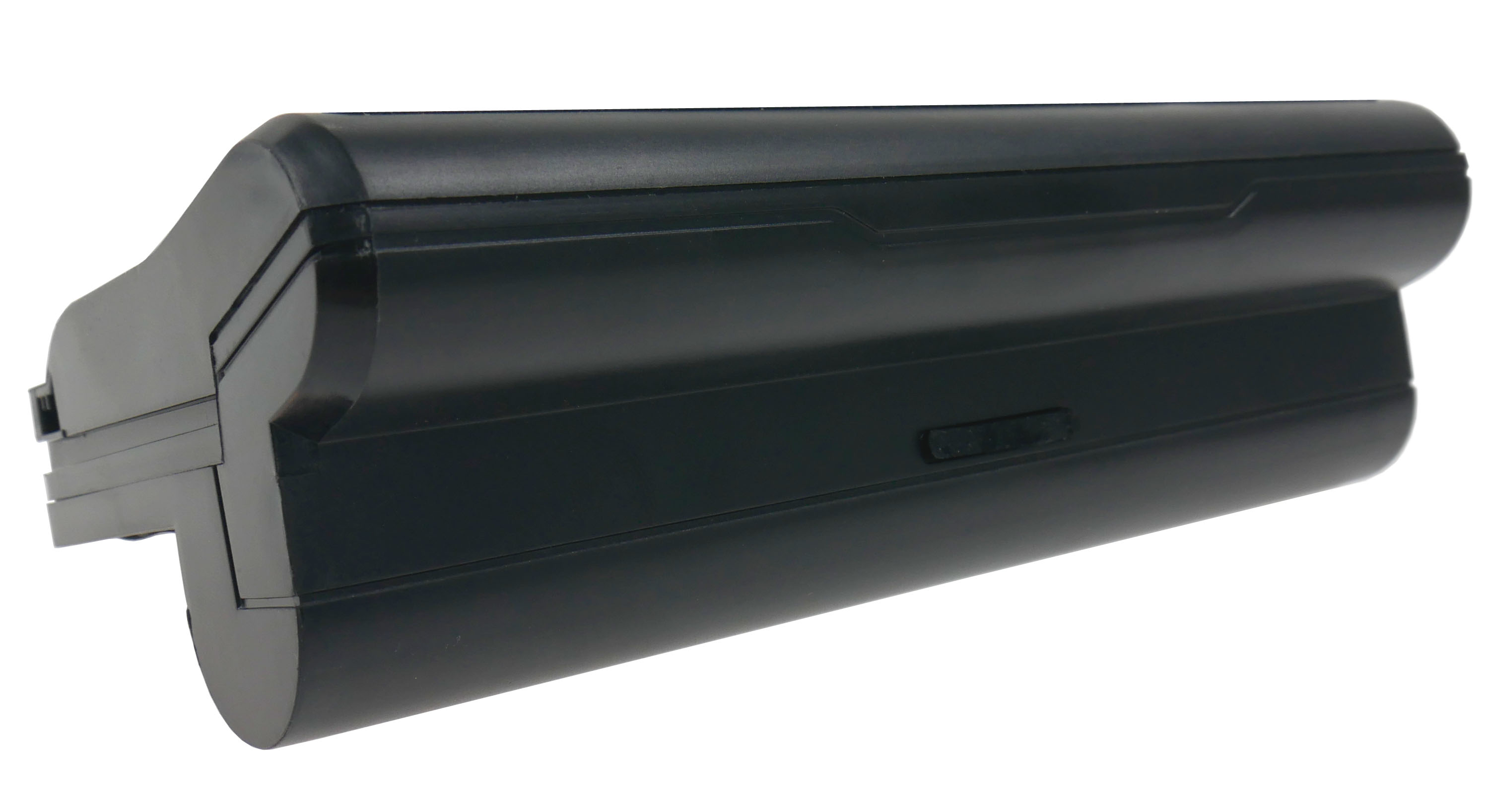 Czarna bateria z zaokrąglonymi krawędziami, pokazana z profilu na białym tle.