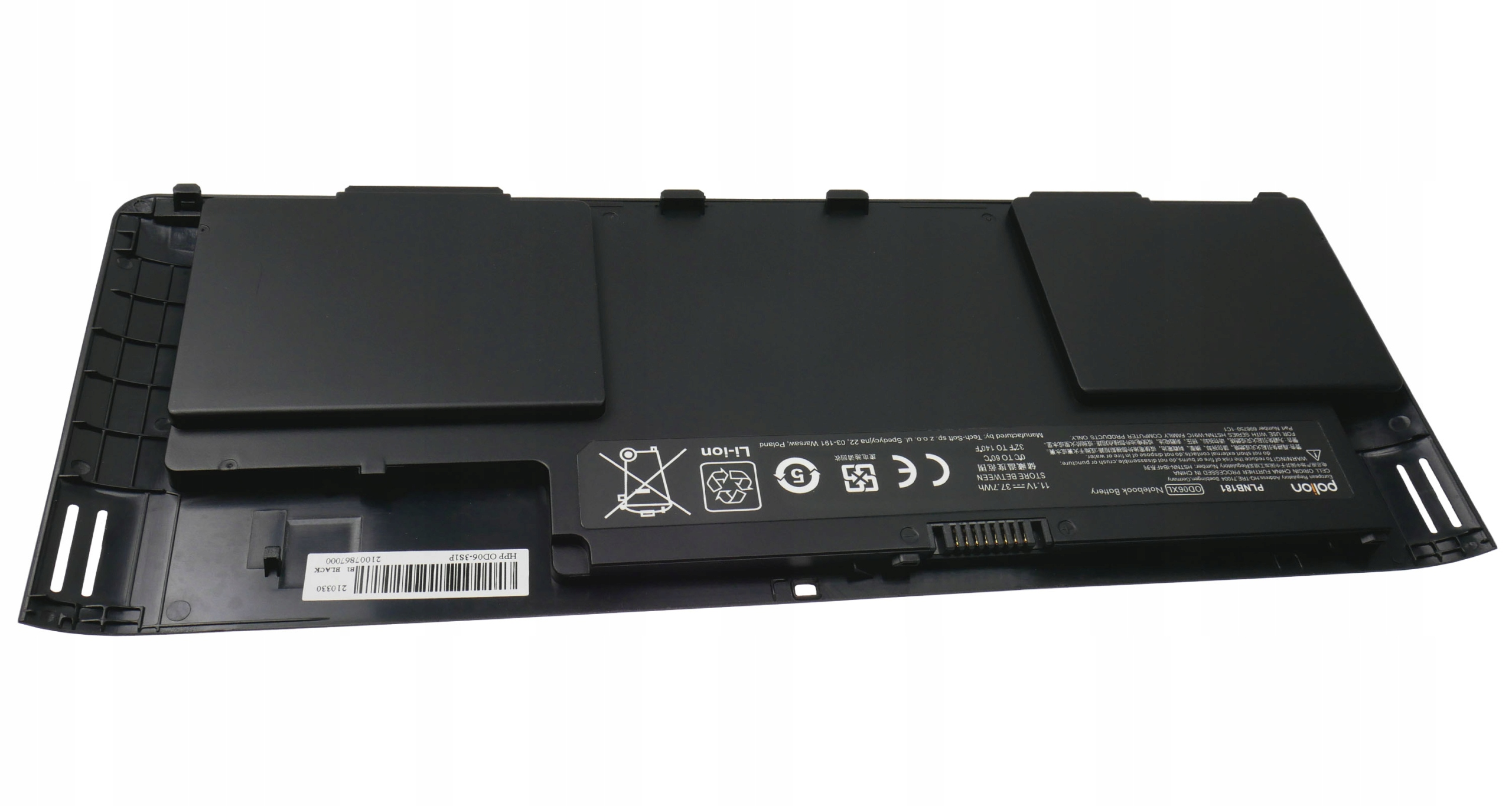 Czarna bateria laptopa Li-ion ze złączem i symbolami ostrzegawczymi.