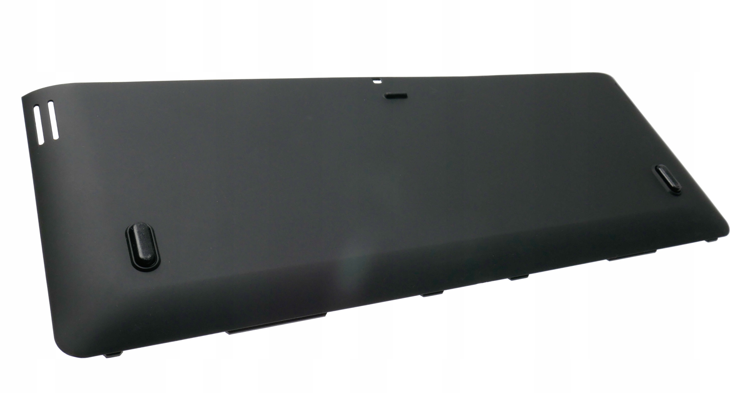 Czarna pokrywa laptopa z dwiema równoległymi liniami i dwoma przyciskami.