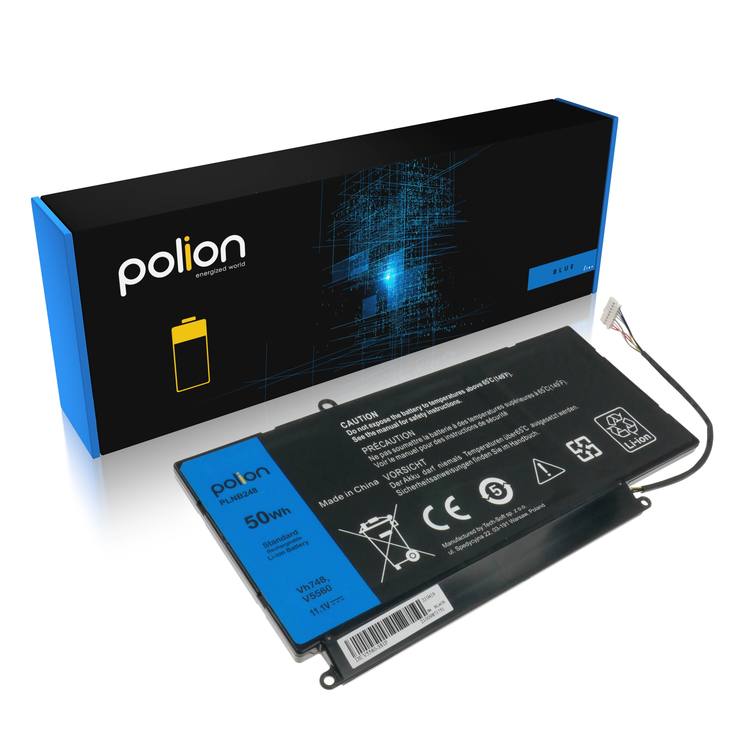 Czarna bateria do laptopa z niebieskim opakowaniem. Zawiera ostrzeżenia i specyfikacje.