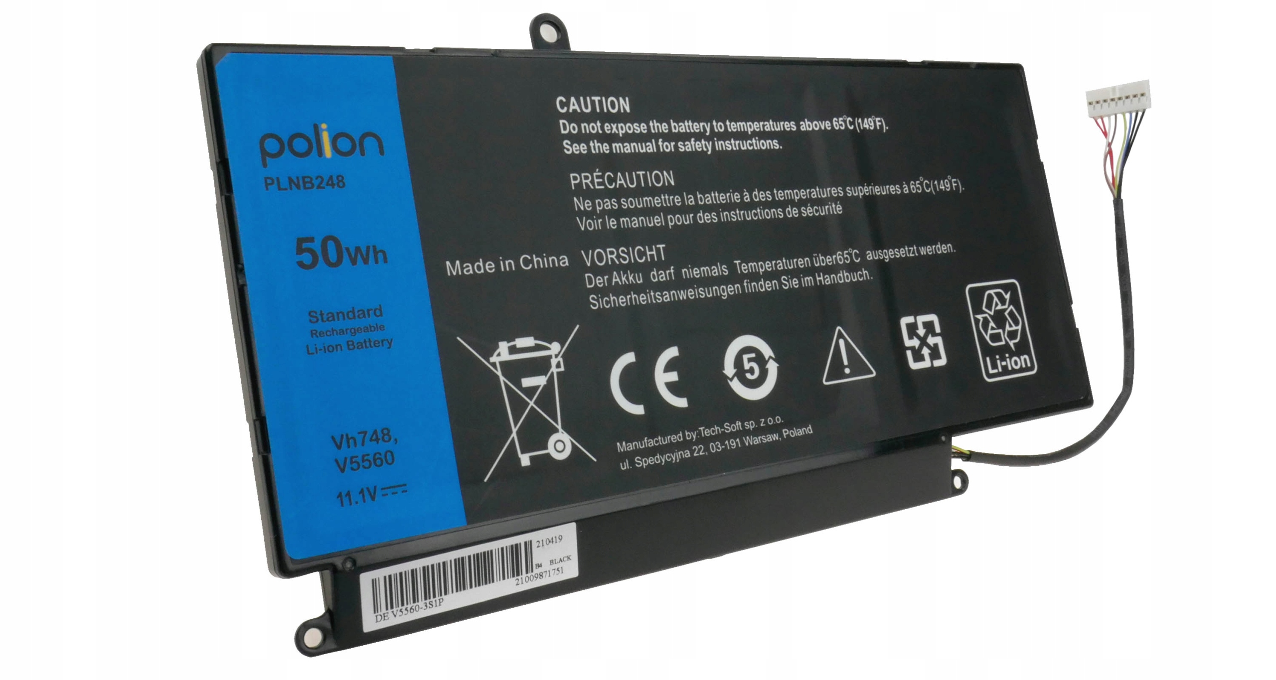 Niebieska bateria do laptopa z czarnymi detalami i przewodami, 50Wh, 11.1V.