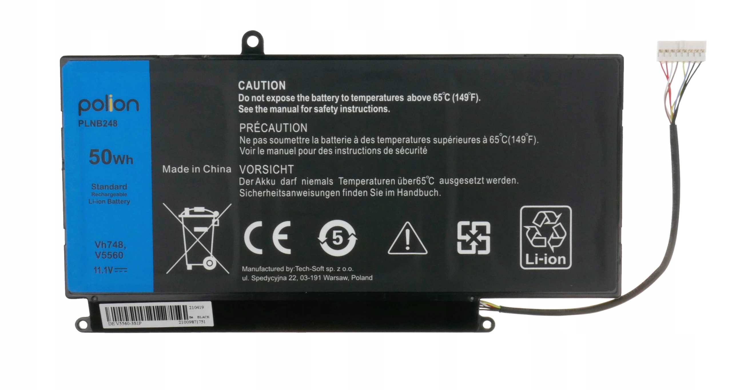 Czarna bateria litowo-jonowa z niebieskim bokiem, 50Wh, znak CE, symbol 5 gwiazdek, ostrzeżenie.