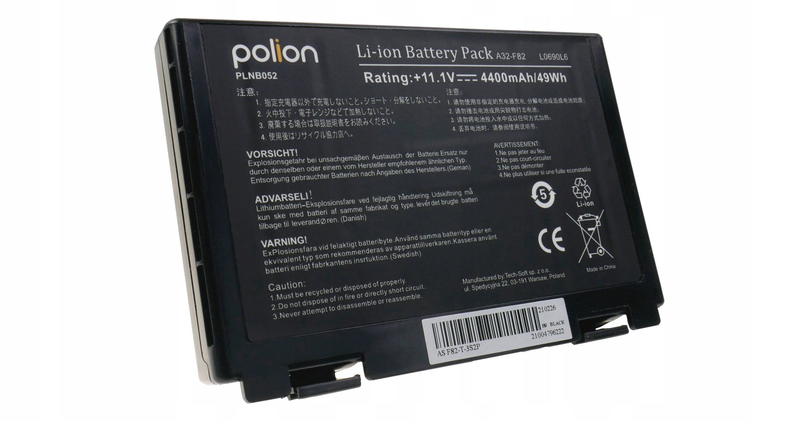 Czarny akumulator Li-ion polion, model PLNB052, 4400mAh, z ostrzeżeniami.