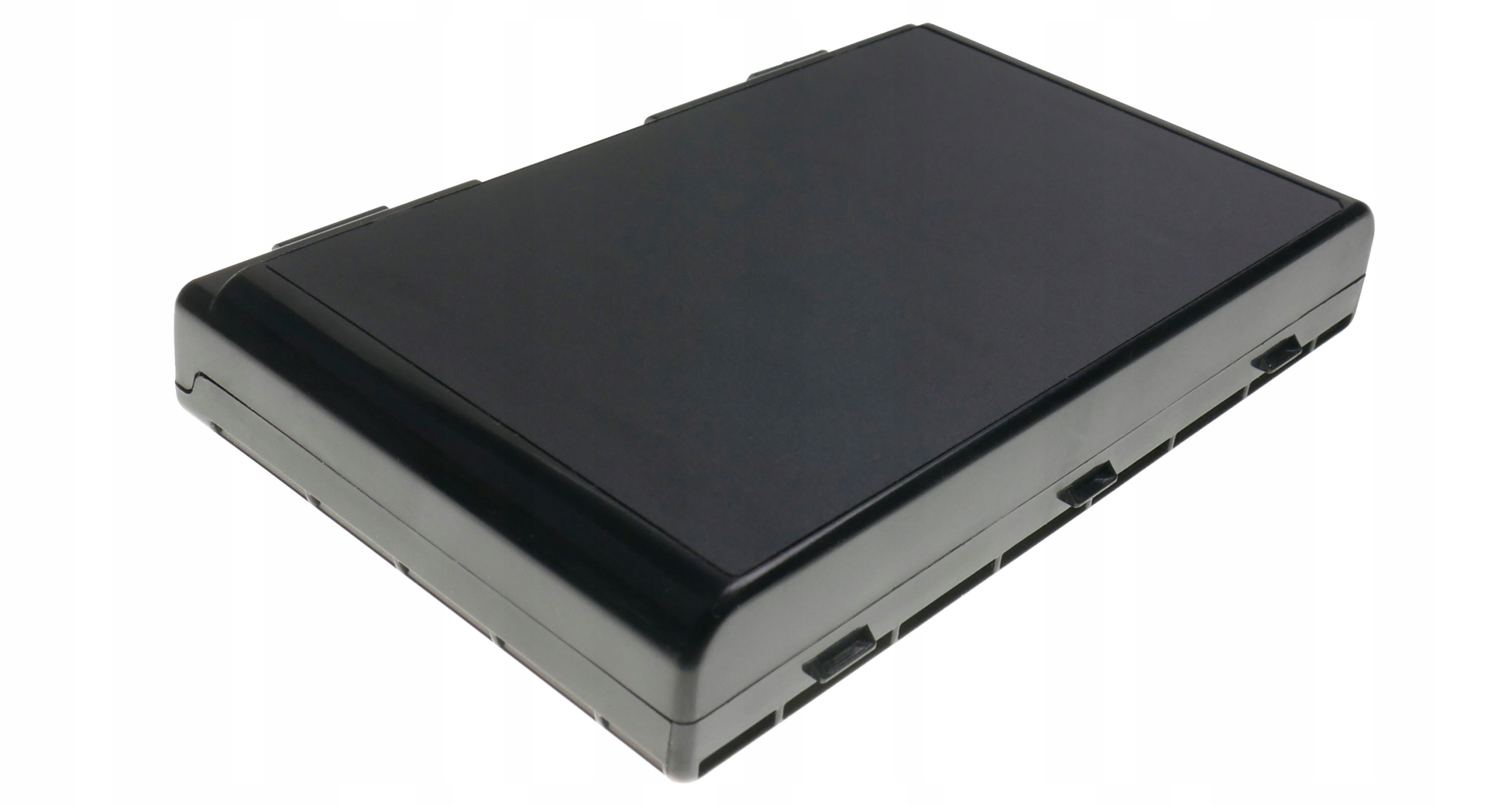 Czarny prostokątny przedmiot z zaokrąglonymi rogami na białym tle.