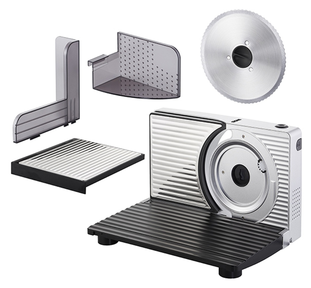 Ein silberner Fleischschneider mit Zubehör: Klinge, Auffangschale, Schutz.