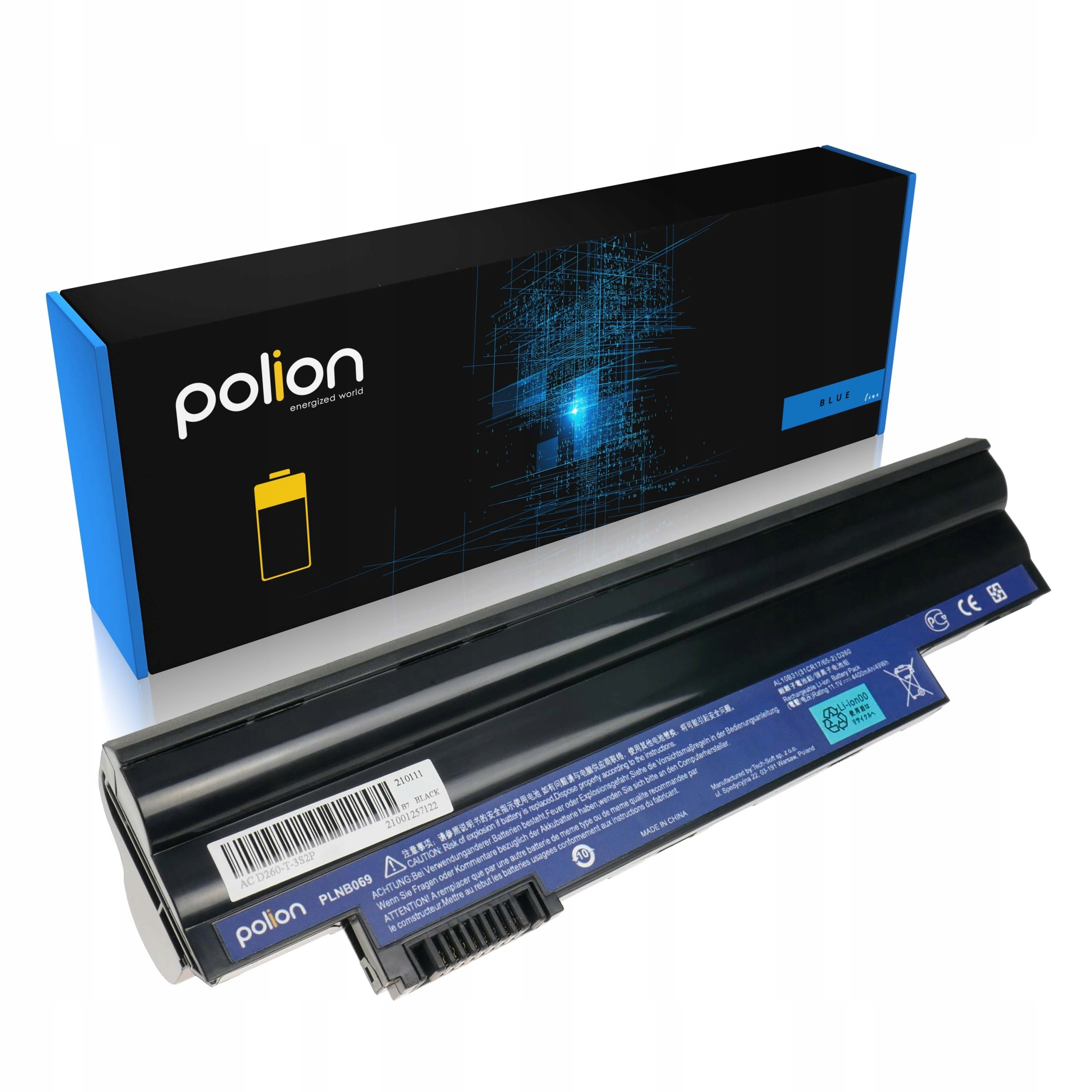Bateria do laptopa Polion w czarnym opakowaniu, z niebieskim wzorem cyfrowym.